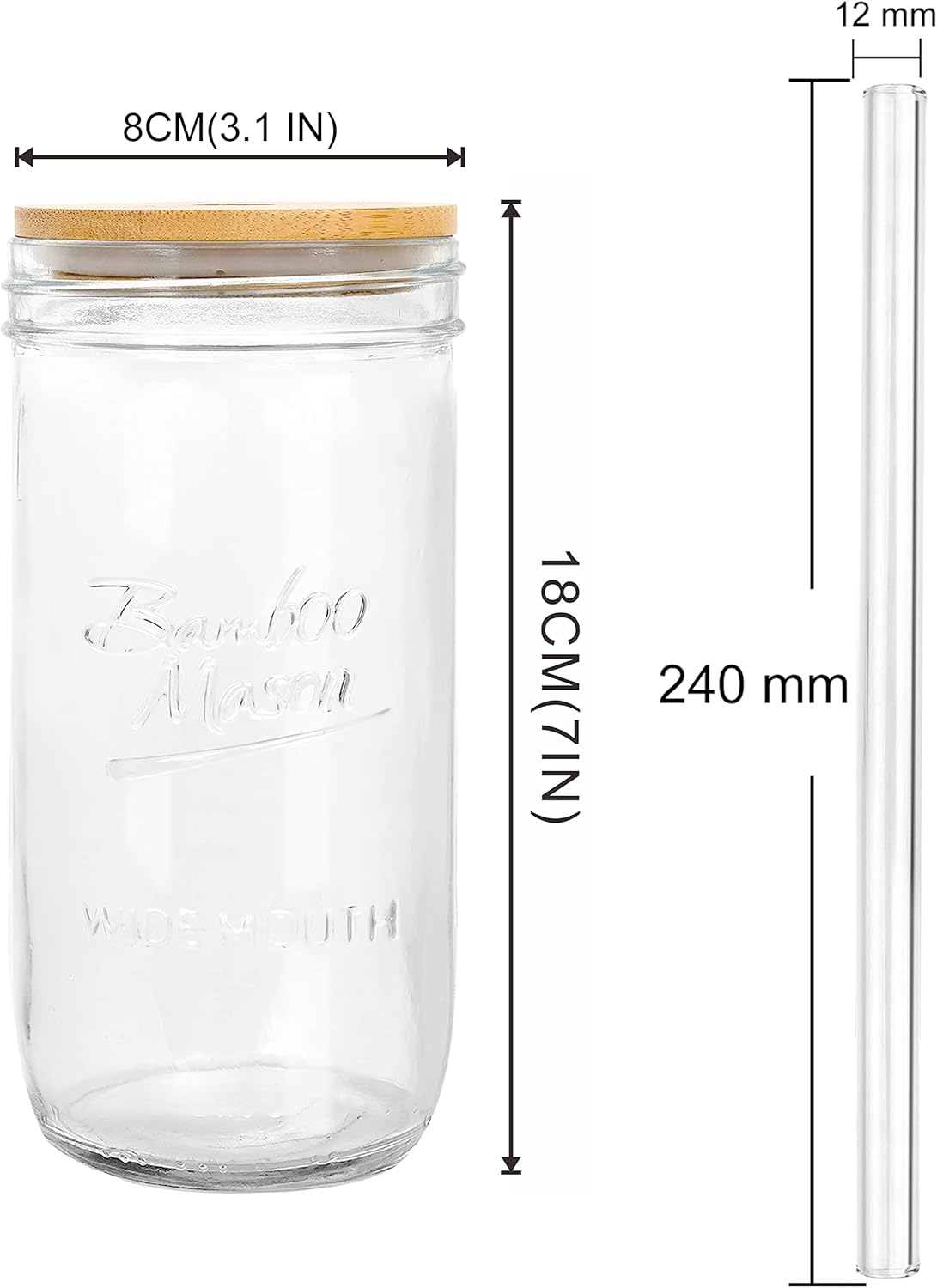 ANOTION Tarro Mason con tapa y pajilla, vaso de boca ancha de 24 onzas, vasos reutilizables para beber batidos de café helado, margaritas, helado,
