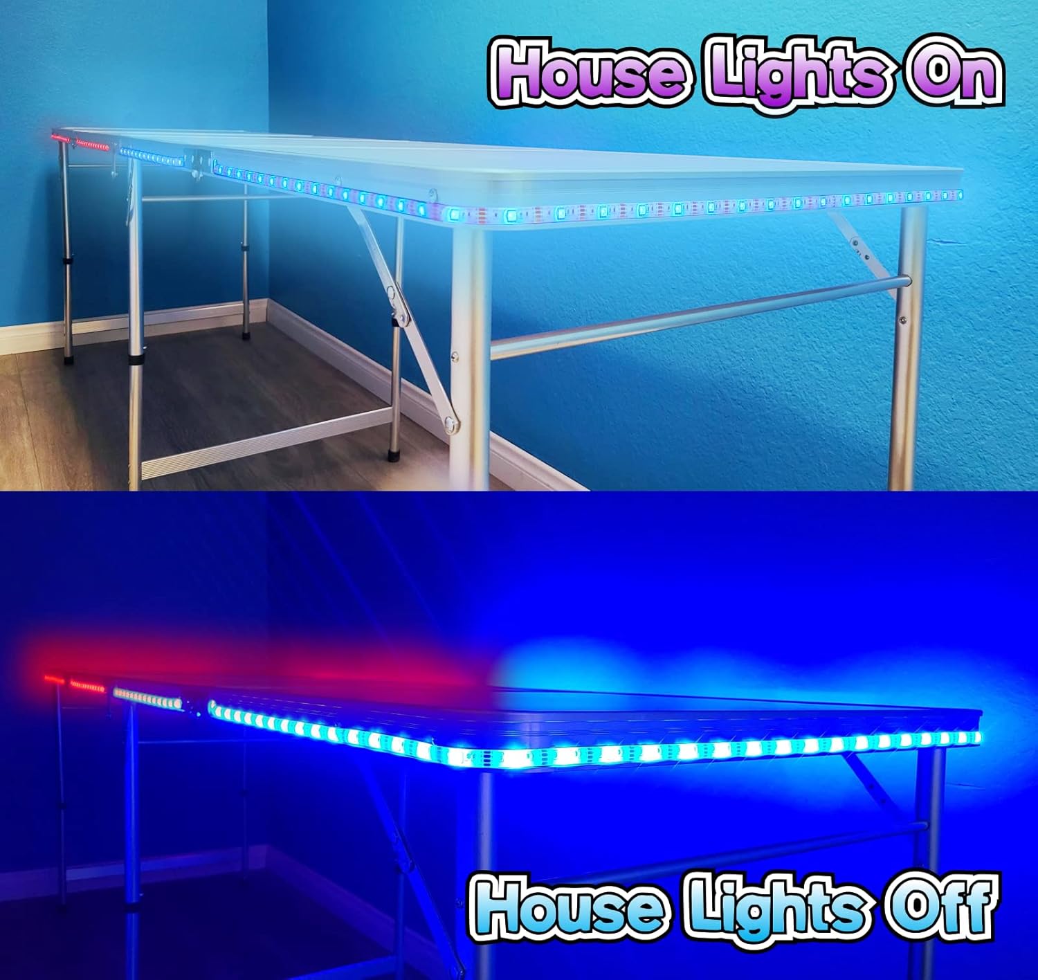 Mesa de pong plegable de 8 pies con HEXCUPs, elige el tamaño de la mesa (estándar o delgada) y opciones (base, agujeros para tazas, luces LED, o