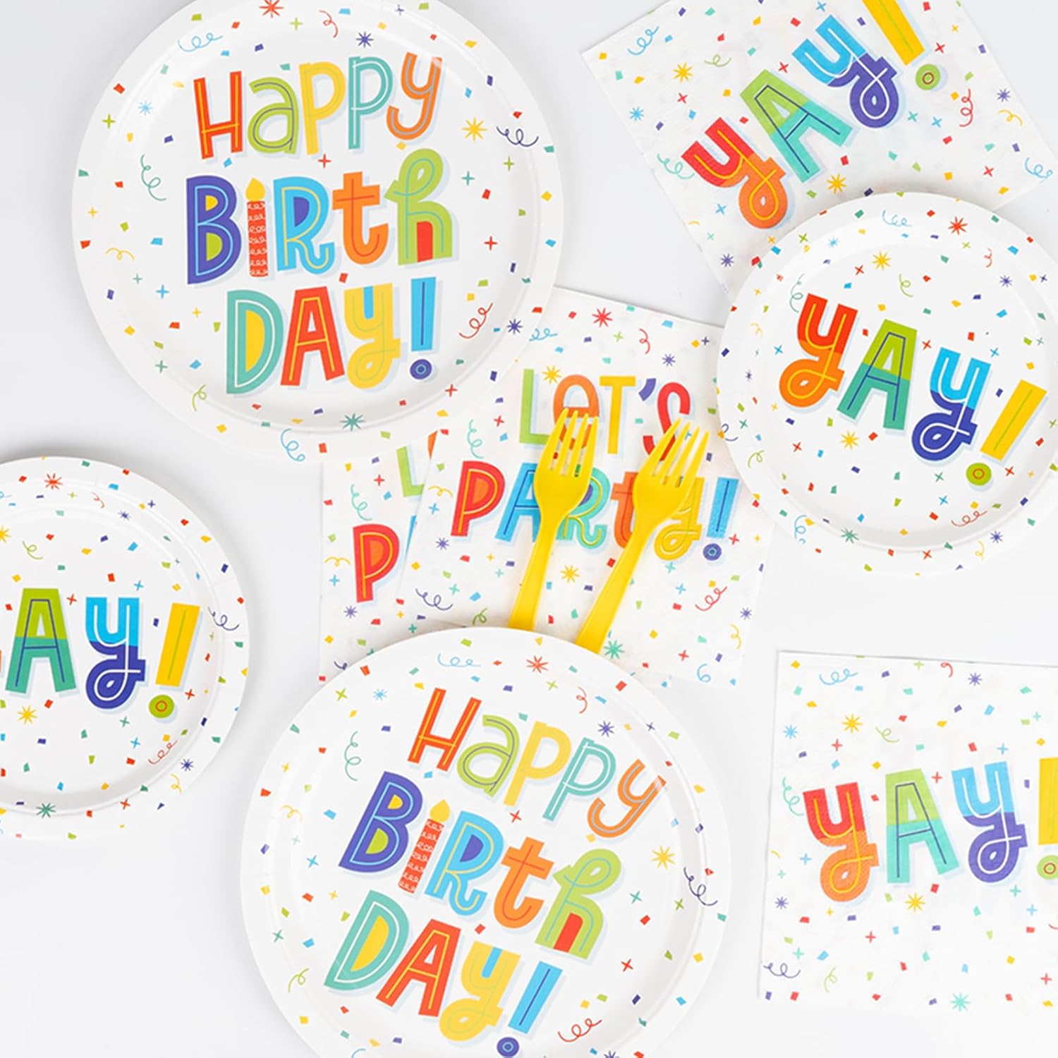 DECORLIFE Platos y servilletas de feliz cumpleaños, suministros para fiesta de 24, suministros de fiesta de cumpleaños incluyen tenedores para