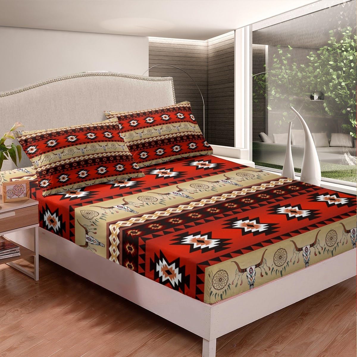 Southwestern – Juego de sábanas tamaño King de vaquero occidental para niños y niñas, diseño de calavera de toro, atrapasueños, decoración de