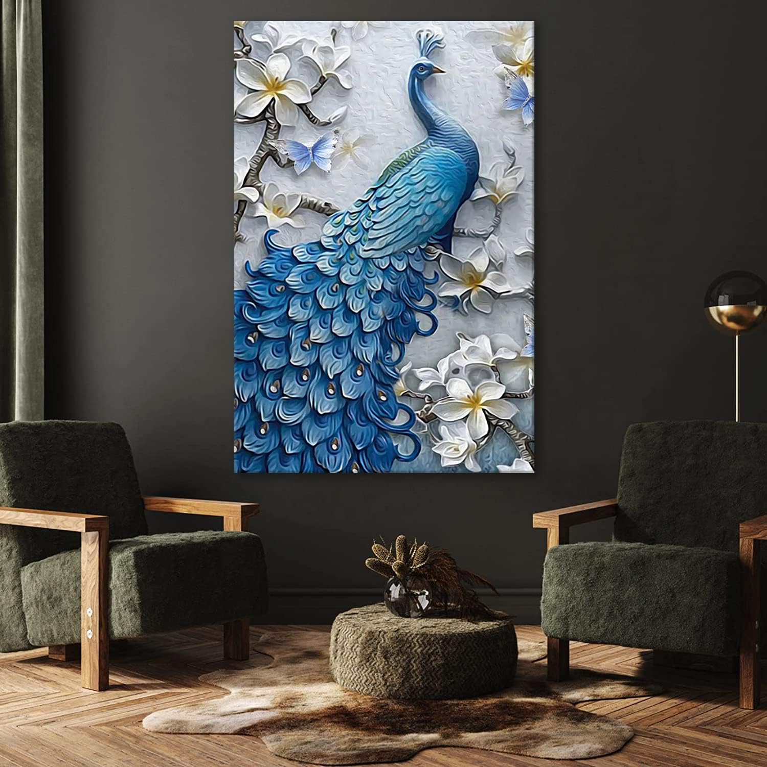 Pintura abstracta de pared al óleo sobre lienzo, lienzo abstracto con diseño de pavo real azul, arte de pared para sala de estar, acuarela, pájaro,