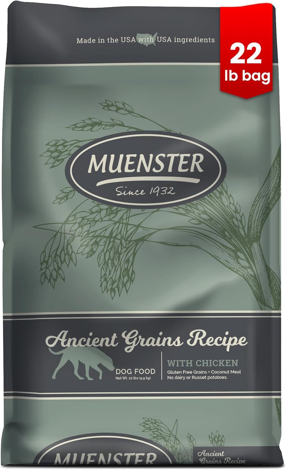 Muenster Ancient Grains – Alimento seco para perros grandes con sabor a pollo (22 libras), sin gluten, sin OMG, con alto contenido de proteínas,