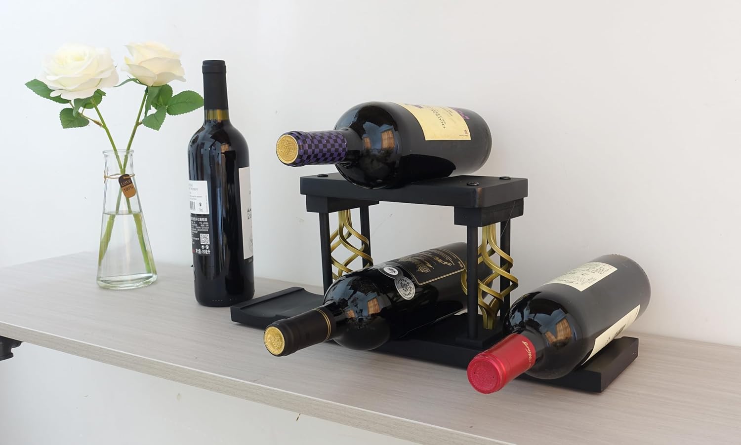 shankala Mesa rústica de alambre negro para encimera, estante de vino de madera, insertos para gabinete rústico de 4 botellas de almacenamiento de