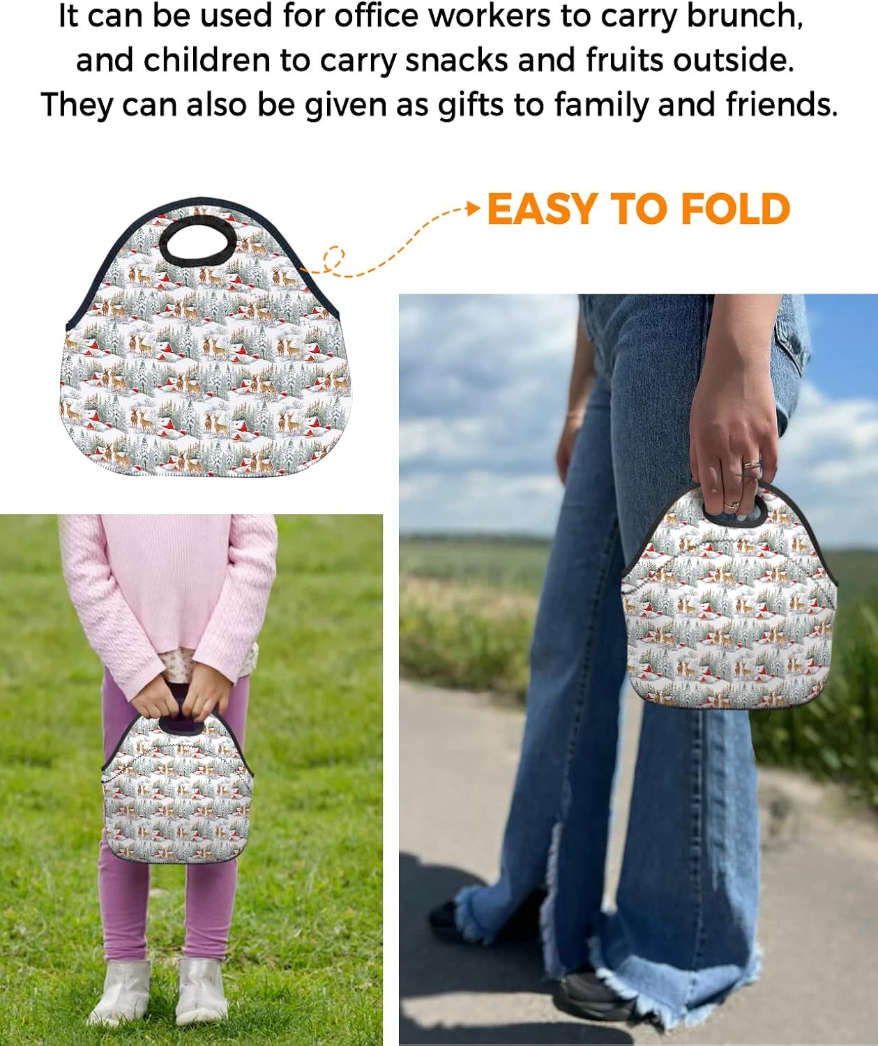 Bolsa de almuerzo reutilizable de neopreno, con diseño de reno y pino de Navidad, suave y térmica, ligera, lavable, aislada, para mujereshombres,