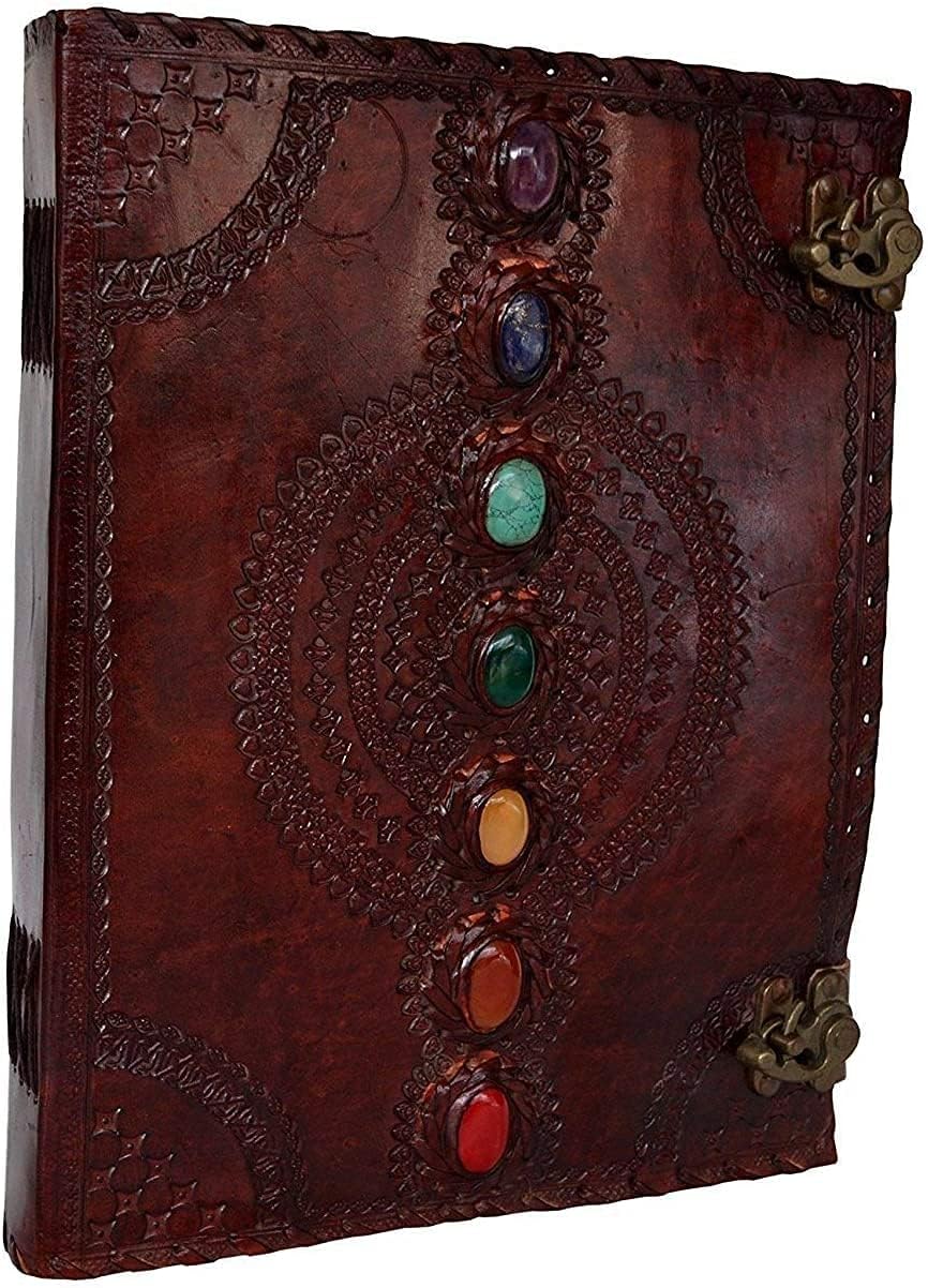 Tuzech Diario de cuero gigante con relieve de piedra medieval de siete chakras, cuaderno de sombras, cuaderno de oficina, diario Hocus Pocus, poesía