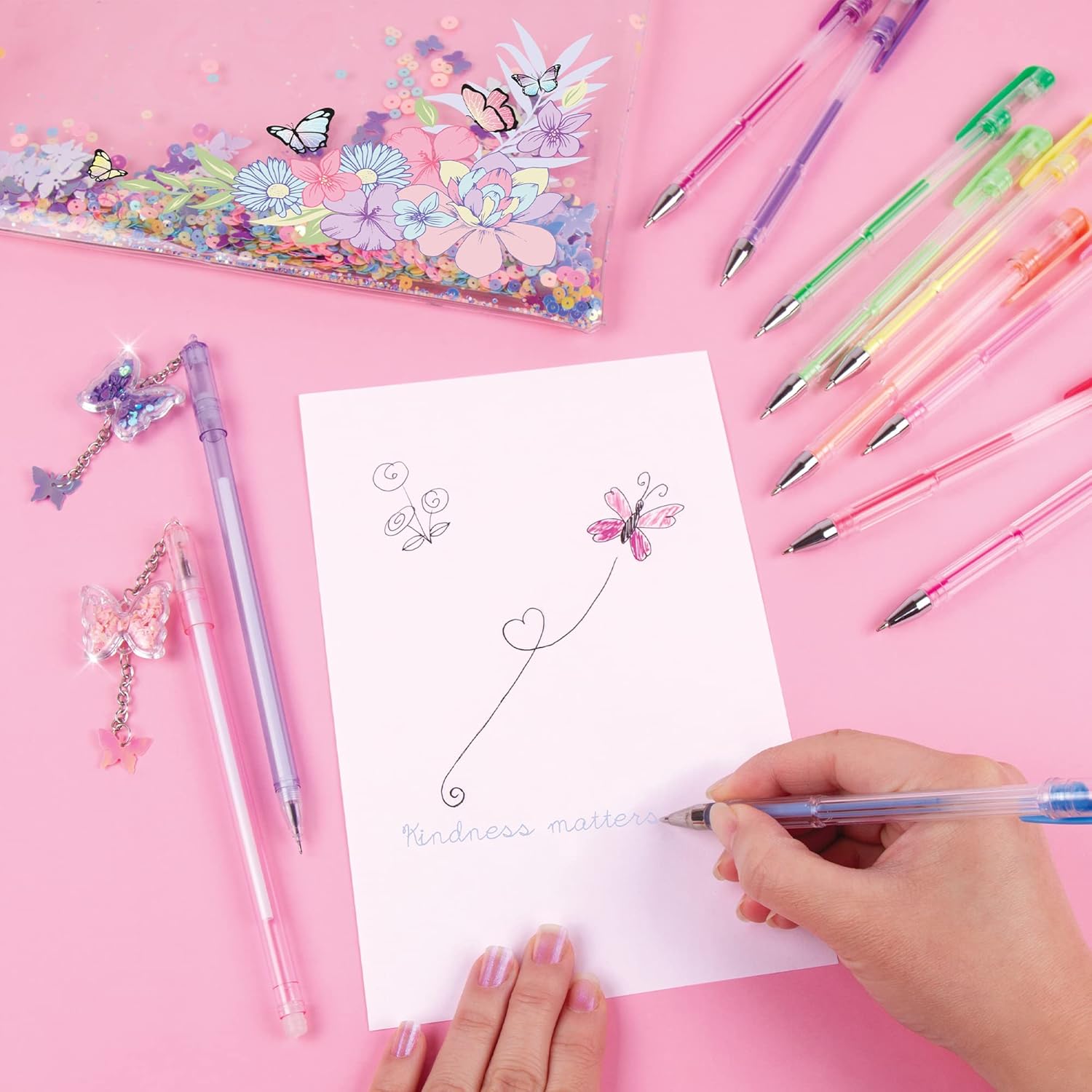 3C4G Three Cheers for Girls – Juego de 10 bolígrafos de gel de colores para niños, 2 bolígrafos de escritura de mariposa para niños y estuche de