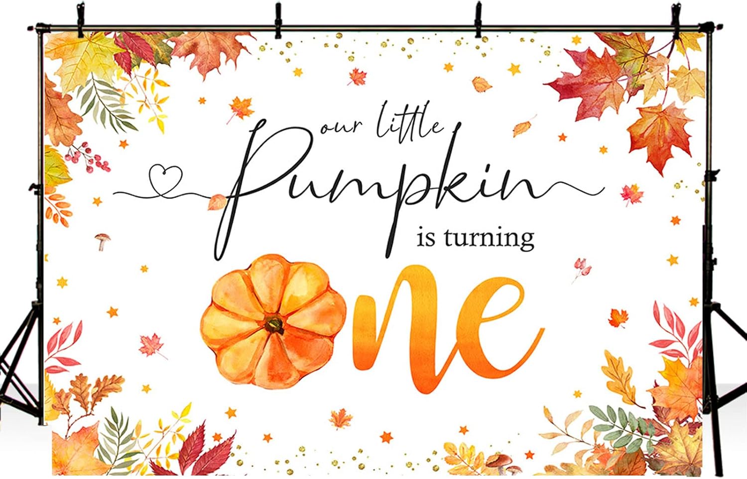 MEHOFOND Decoración de fiesta de primer cumpleaños de calabaza de 7 x 5 pies, telón de fondo con texto en inglés “Little Pumpkin is Turning One”,