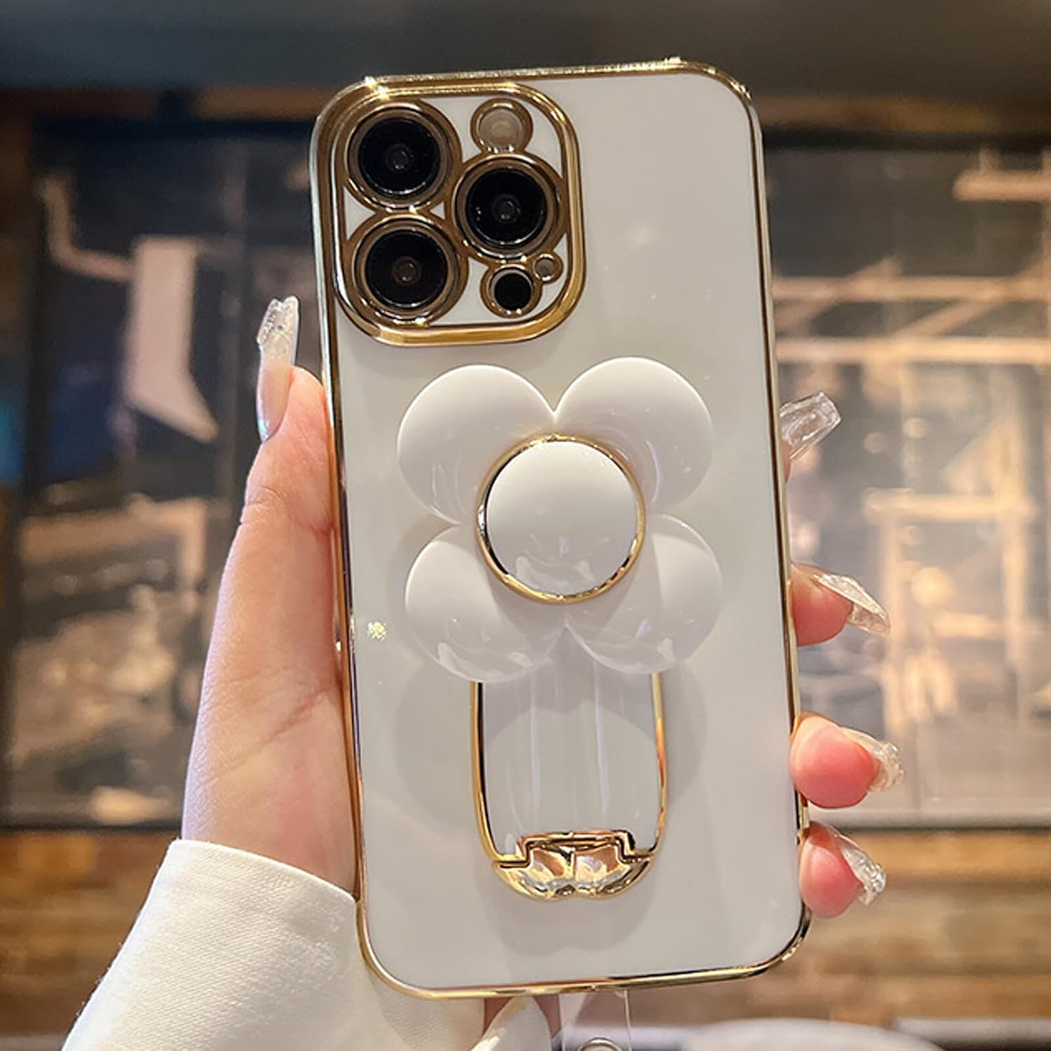 Compatible con iPhone 13 Funda protectora de lujo chapada en oro con soporte oculto, bonita funda giratoria para reducir el estrés, molino de