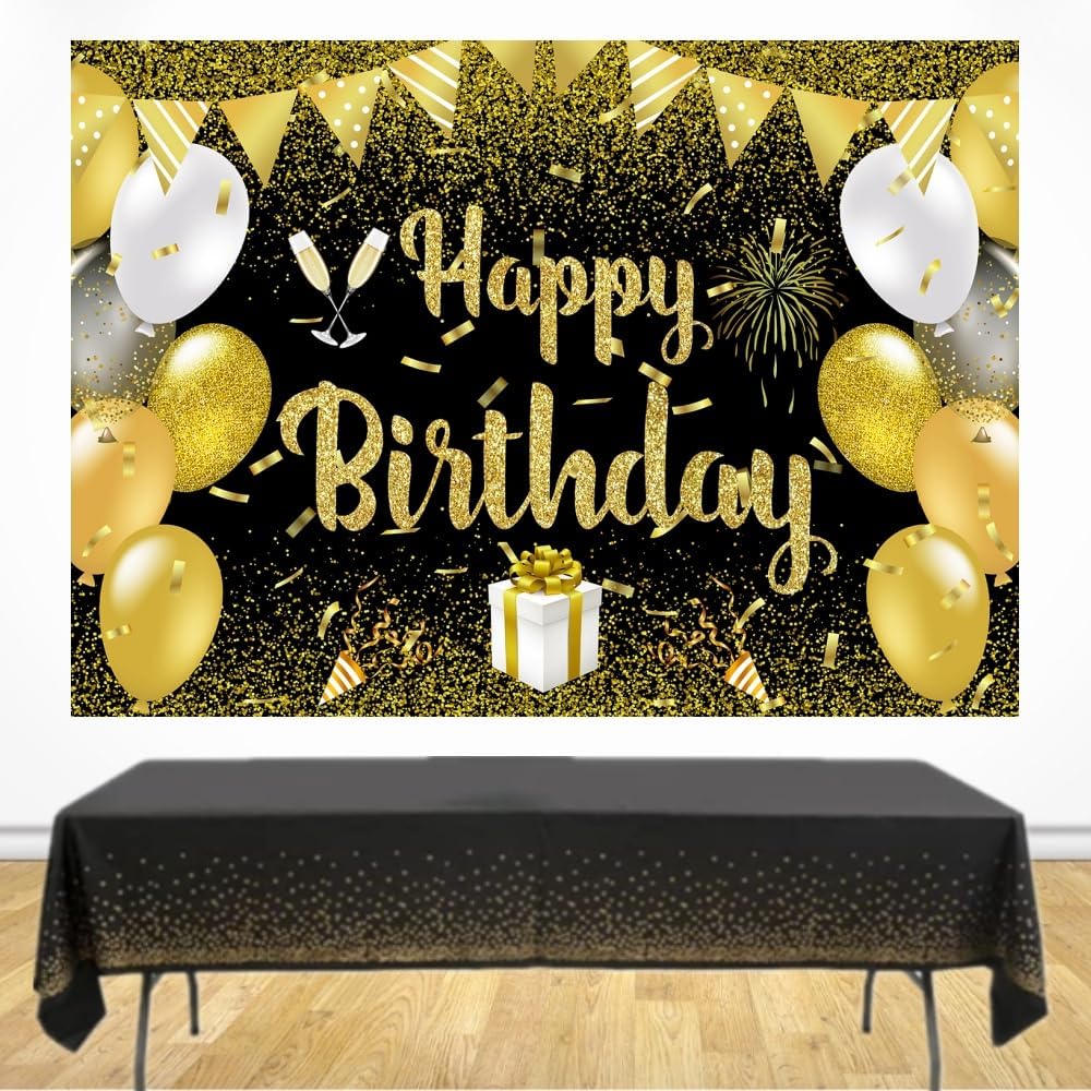 Juego de mantel de fondo de feliz cumpleaños negro y dorado con texto en inglés “Happy Birthday”, decoración de regalo, 7 x 5 pies y mantel de