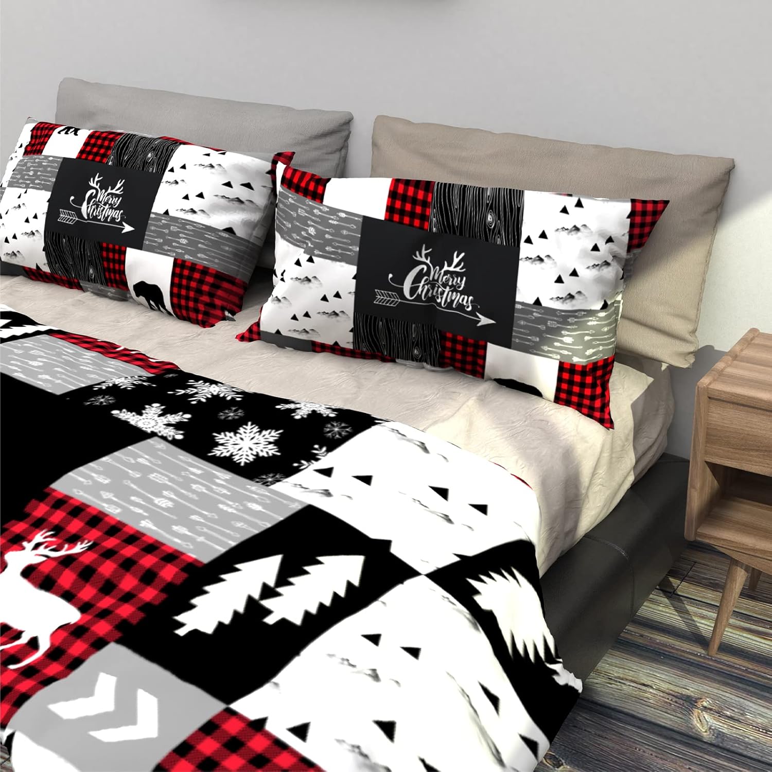 VENTIMI Juego de funda de edredón de Navidad, tamaño King, juego de ropa de cama de Navidad con estampado de ciervos y copos de nieve, 3 piezas (1