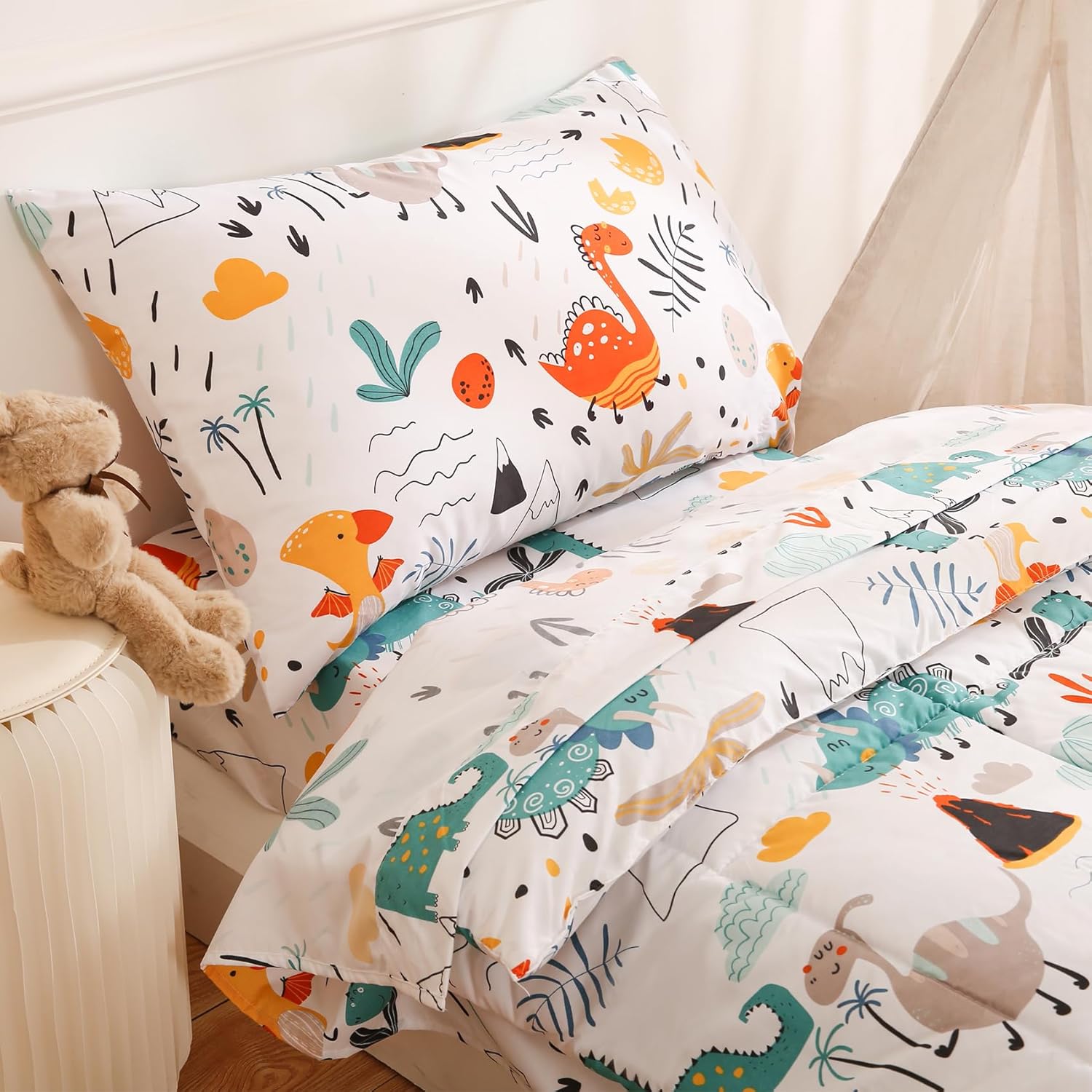 JSD Juego de ropa de cama de 4 piezas con diseño de dinosaurio para niños y niñas, incluye sábana encimera, sábana bajera, edredón acolchado y funda