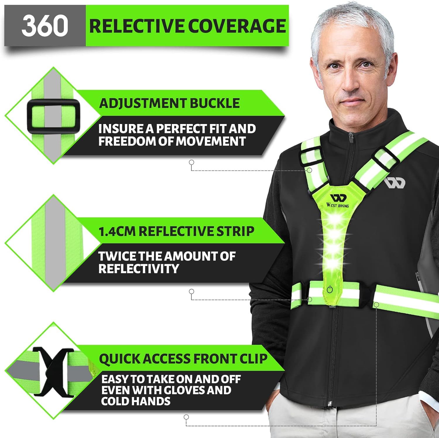 West Biking Running Vest Light – Led Running Reflective Gear for Walking at Night, High Visibility Night Rechargeable Light Up Running Vest,