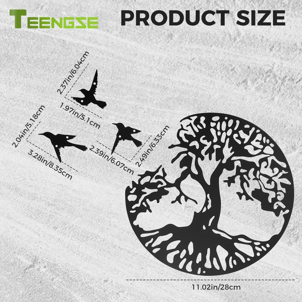 TEENGSE Decoración de pared de metal con árbol de la vida negro, decoración de pared de pájaro volador, obra de arte decorativa para colgar en la