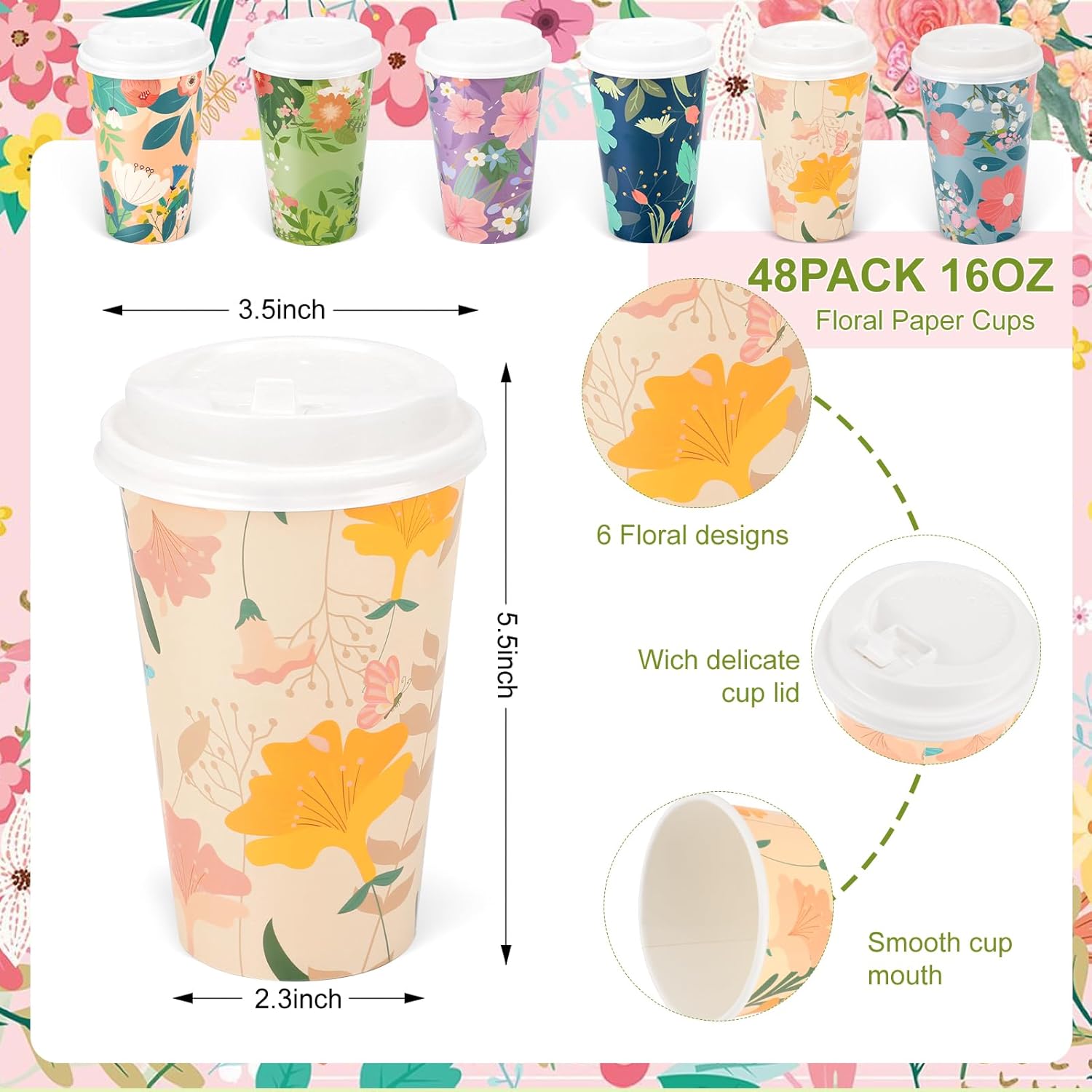 BYMIOYA Vaso de papel desechable de primavera de 16 onzas, 48 piezas con tapas, 6 tazas de papel para beber con diseño floral de primavera para