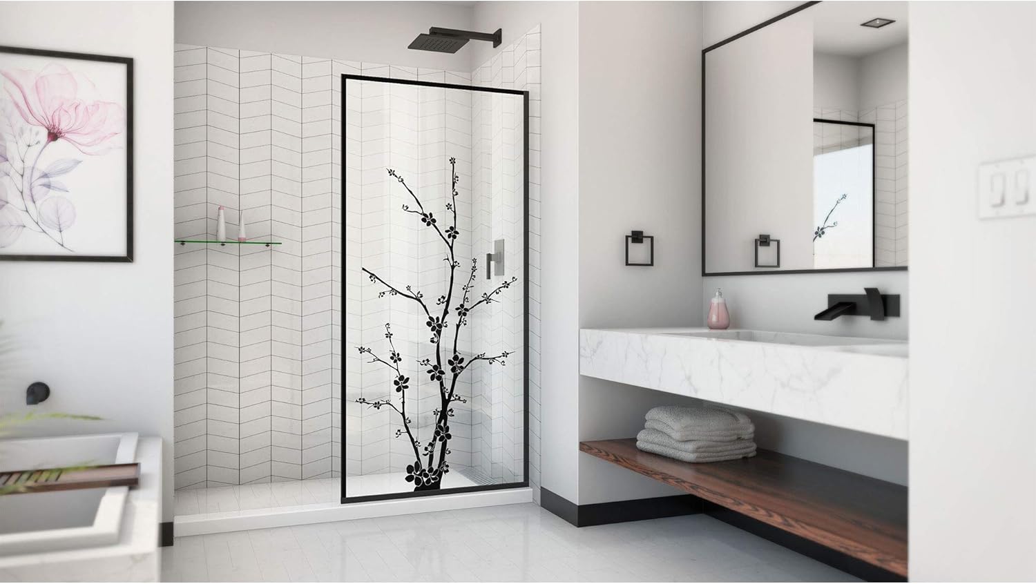 DreamLine Linea Blossom D3234720ZNB-09 – Puerta de ducha sin marco de un solo panel de 34 pulgadas de ancho x 72 pulgadas de alto, diseño de entrada