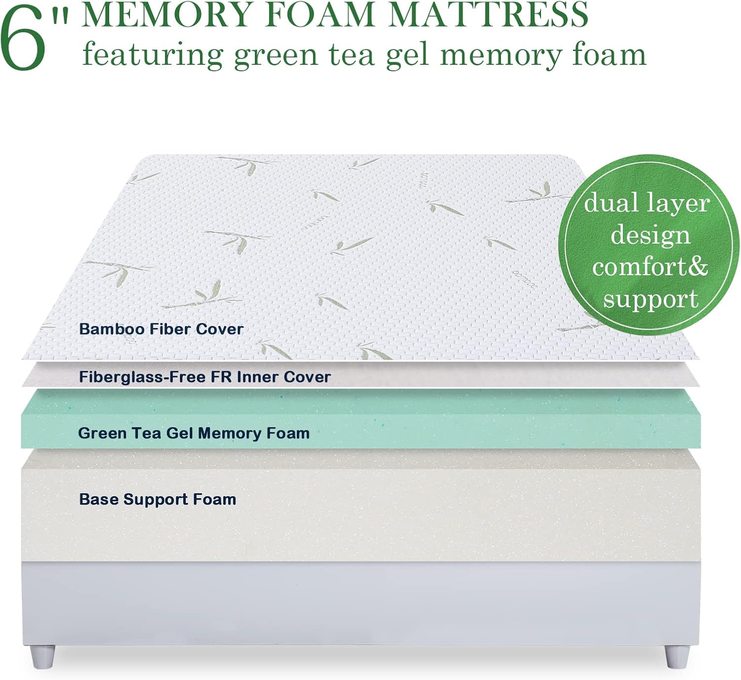 Vyfipt Colchón individual XL de 6 pulgadas para niños, colchón de espuma viscoelástica de gel de té verde con funda de bambú transpirable, tamaño