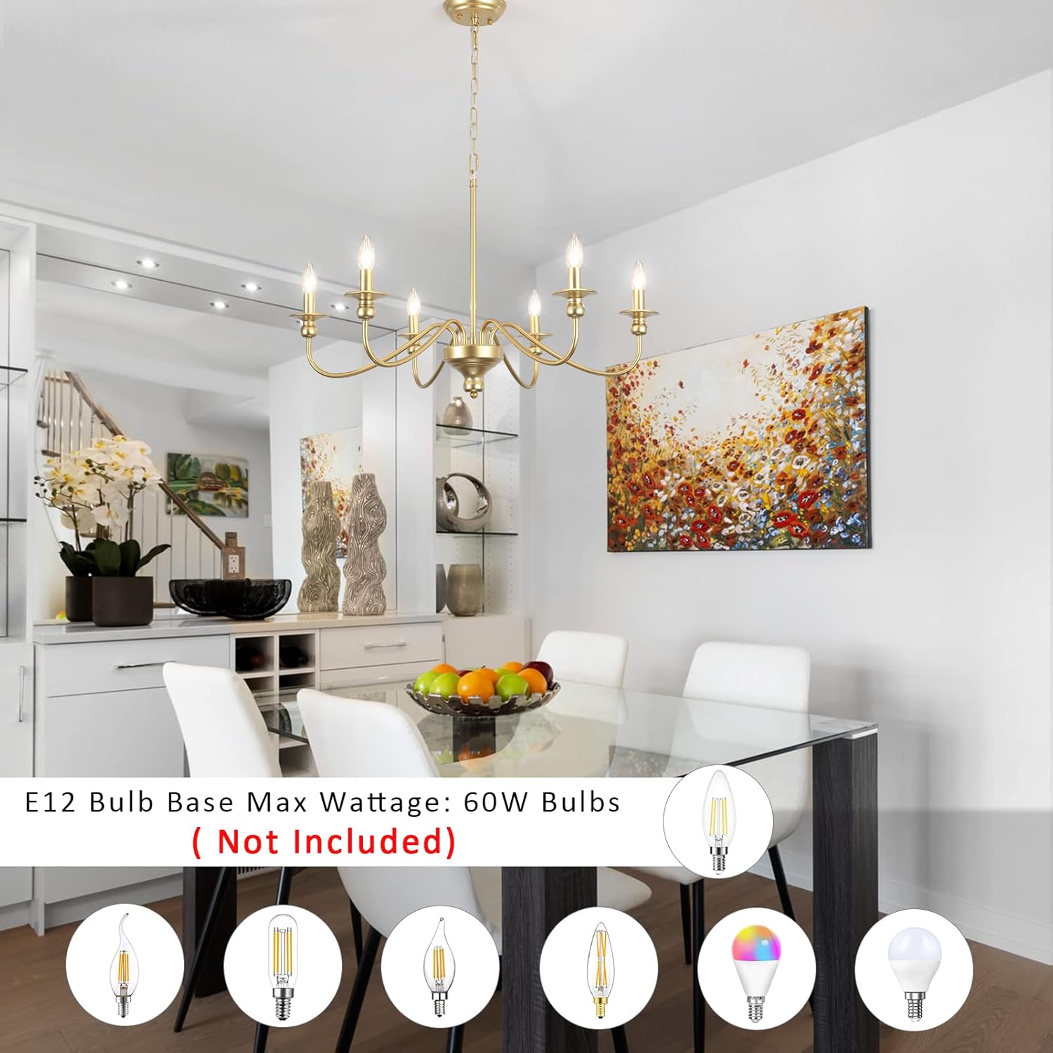MRHYSWD Gold Chandelier Light Fixture 6 Lights Modern Farmhouse Chandelier for Dining Room Candle Pendant Light Fixtures Ceiling Hanging Chandeliers