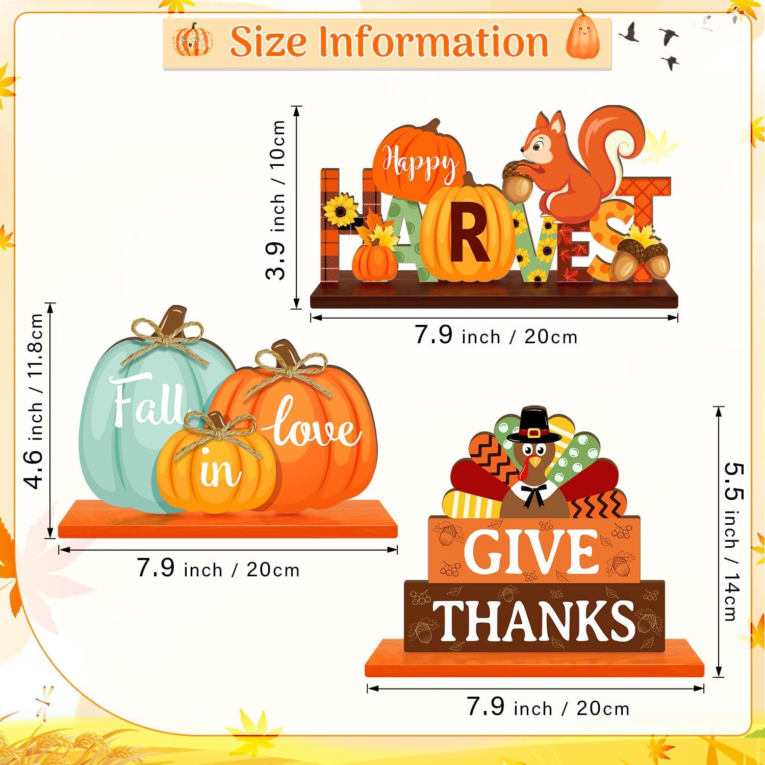 3 carteles de mesa de decoración de Acción de Gracias, letreros de mesa de otoño, centros de mesa, pavo, calabazas, letreros decorativos de madera,