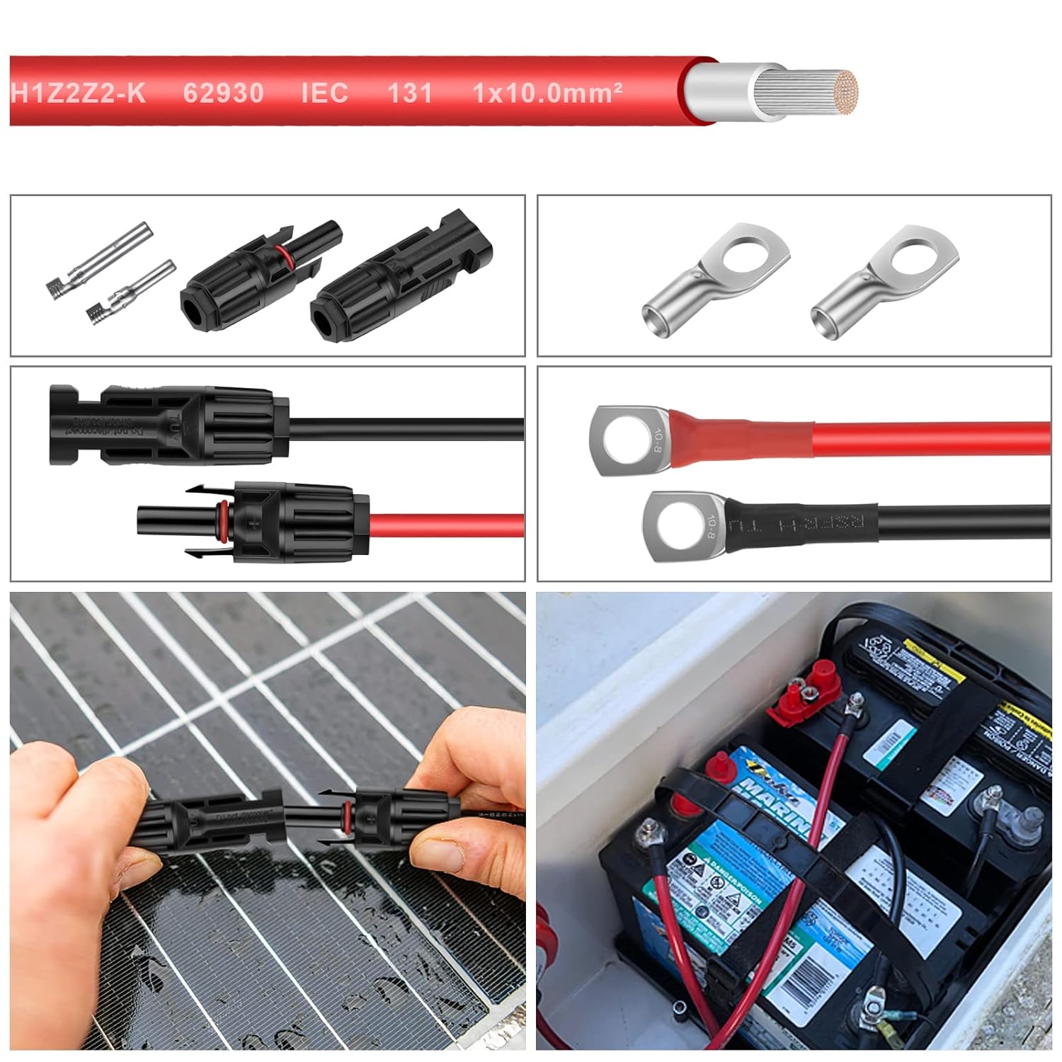 Shirbly Cable de panel solar  Cable de cobre estañado rojo de 50 pies, 8 AWG (10 mm) cable de extensión solar para exteriores, automóvil, RV, barco,