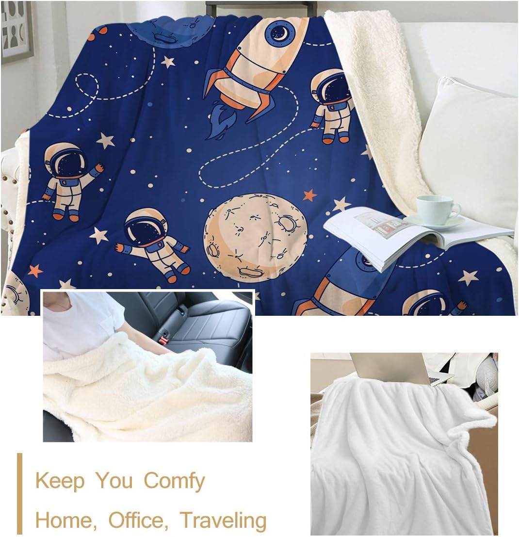 Sleepwish Manta espacial para niños y niños, manta de cohete azul oscuro, linda manta de vellón de astronauta planeta estrella para sofá, silla,