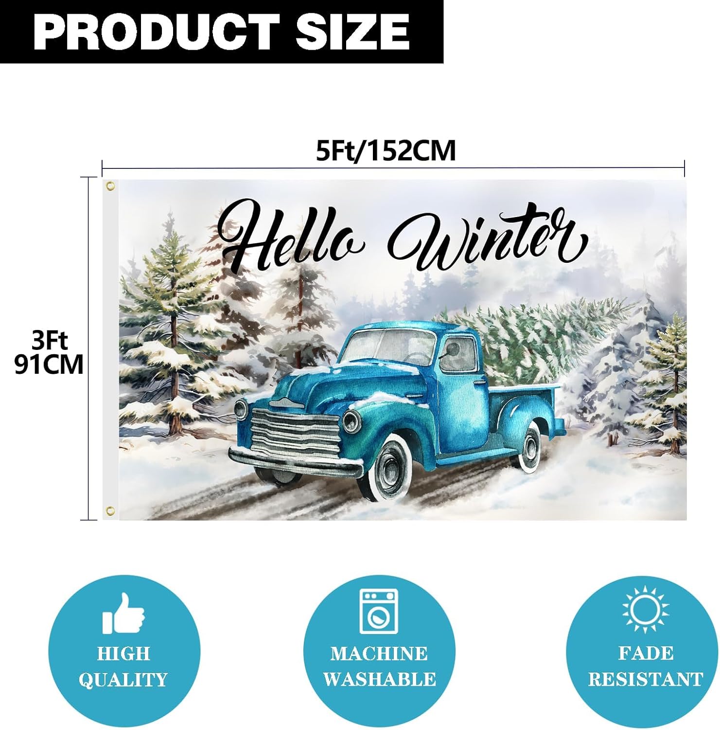 Bandera de jardín con texto en inglés Hello Winter Truck, piña, de bienvenida, Navidad, copos de nieve, decoración al aire libre, doble cara, 3 x 5