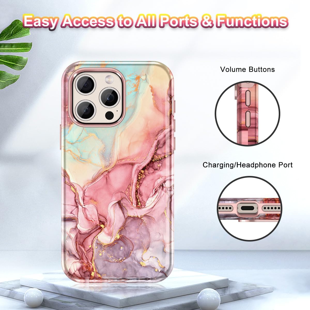 Btscase Funda para iPhone 15 Pro Max de 6.7 pulgadas (2023), patrón de mármol 3 en 1 resistente cuerpo completo a prueba de golpes PC duro +