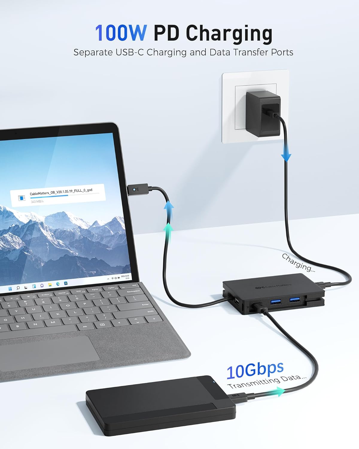 Cable Matters Hub USB 4 portátil 8 en 1 de 40 Gbps (base USB 4) Dual DisplayPort 4K60Hz, DP único 4K a 240 Hz8K a 60 Hz, 100 W PD, Gigabit Ethernet,