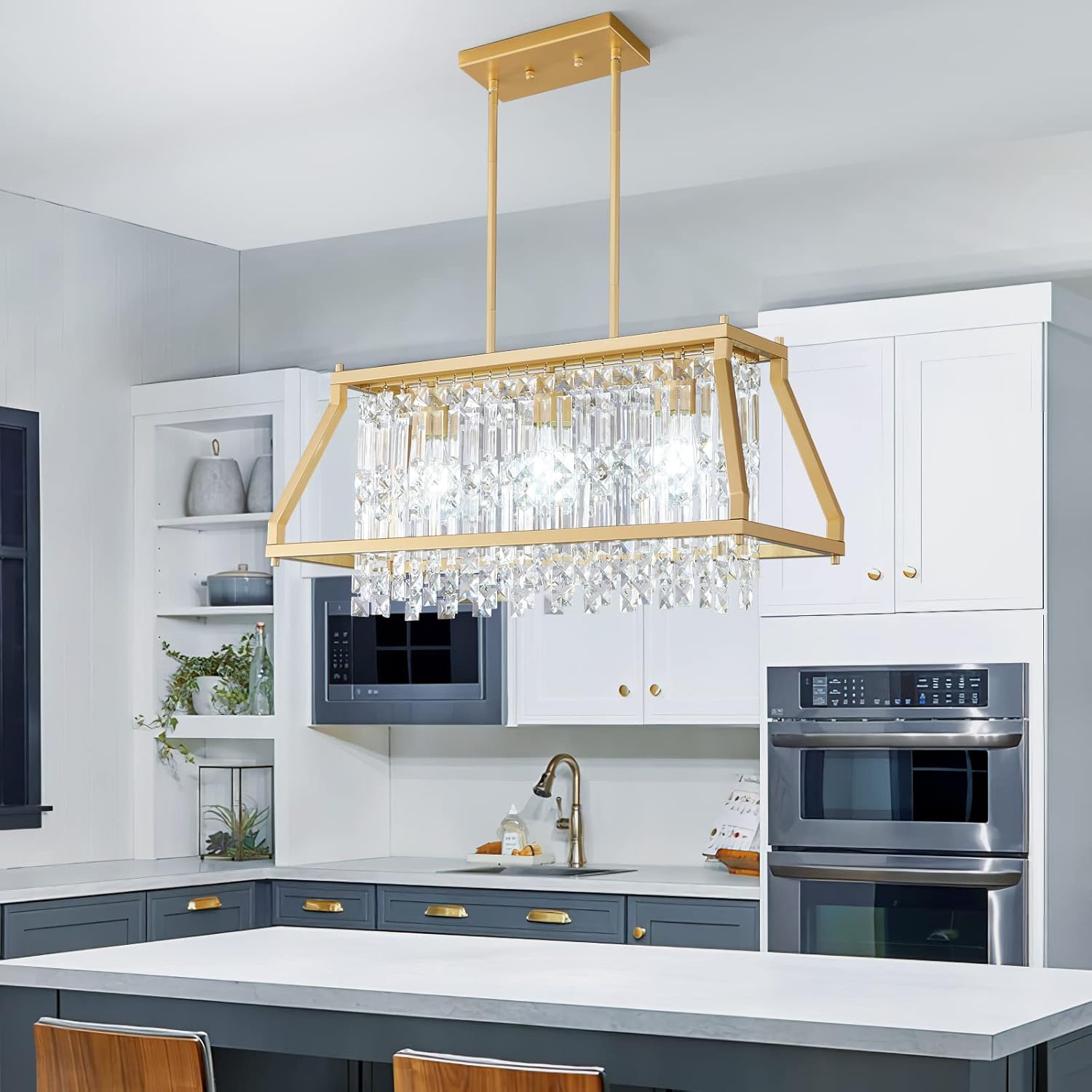 LMQNINE Lámpara colgante de cristal de metal dorado para cocina, isla de comedor, sala de estar, techo plano e inclinado (rectangular, 25.98
