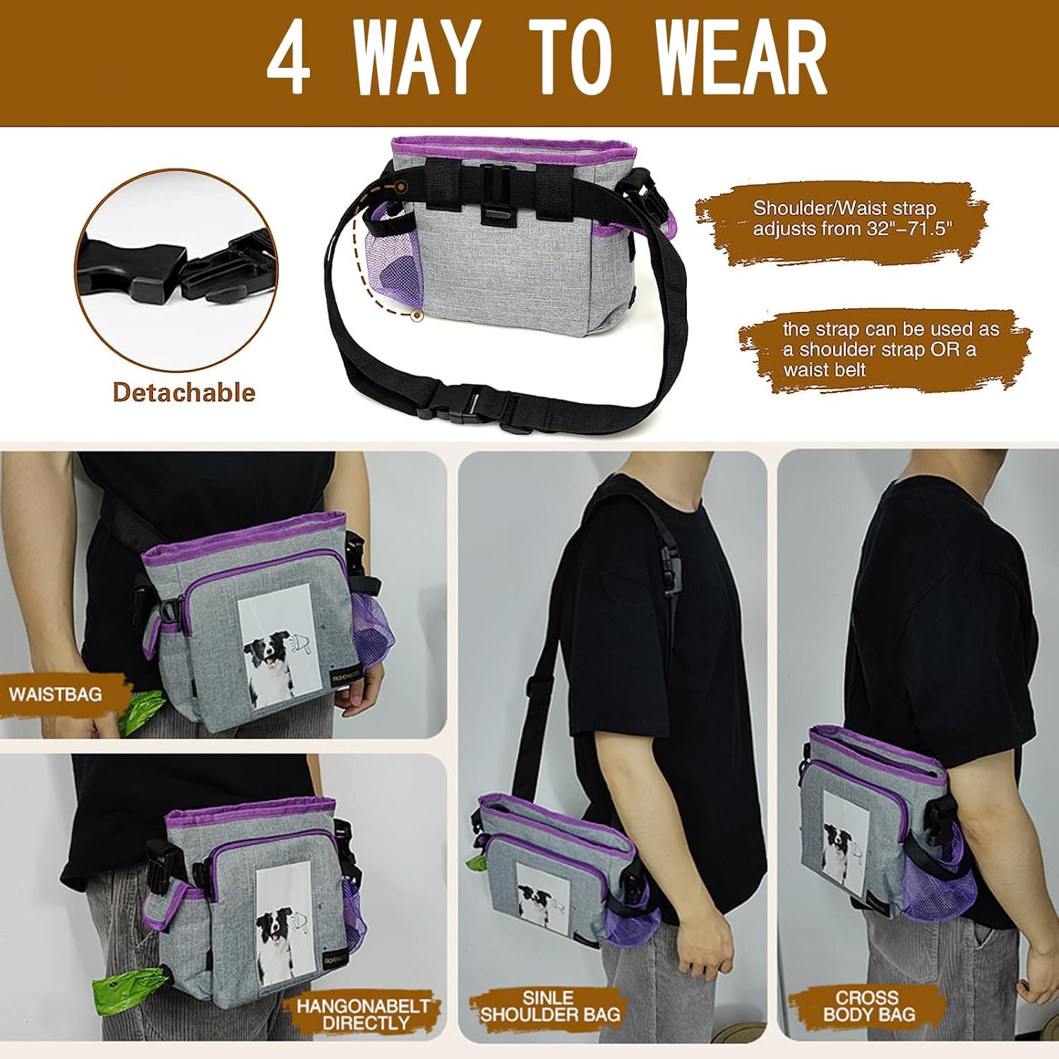 Bolsa de golosinas para perros para pasear a varios perros, bolsa de golosinas de gran capacidad para perros con soporte integrado para botella de