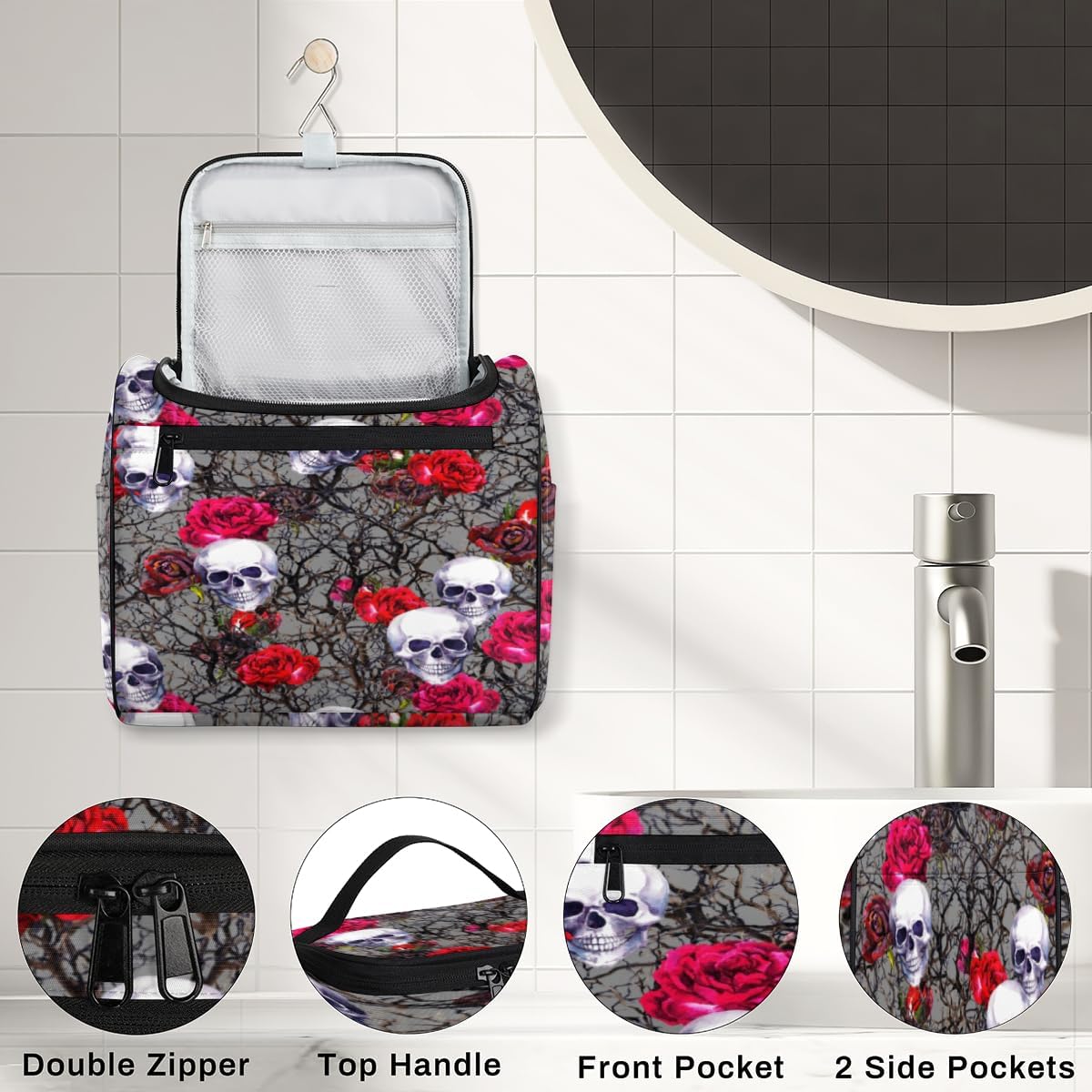 Sugar Skulls Halloween Decor Toiletry Bag for Women Travel Makeup Organizer with Hanging Hook Traveling Cosmetic Bags for Toiletries Accessories
