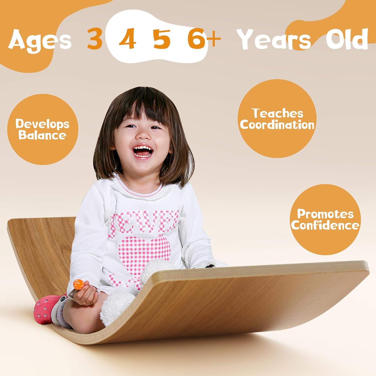 Gentle Monster Wooden Wobble Balance Board, 35 Inch Rocker Board Natural Wood, Kids Toddler Open Ended Learning Toy, Yoga Curvy Board for Office &