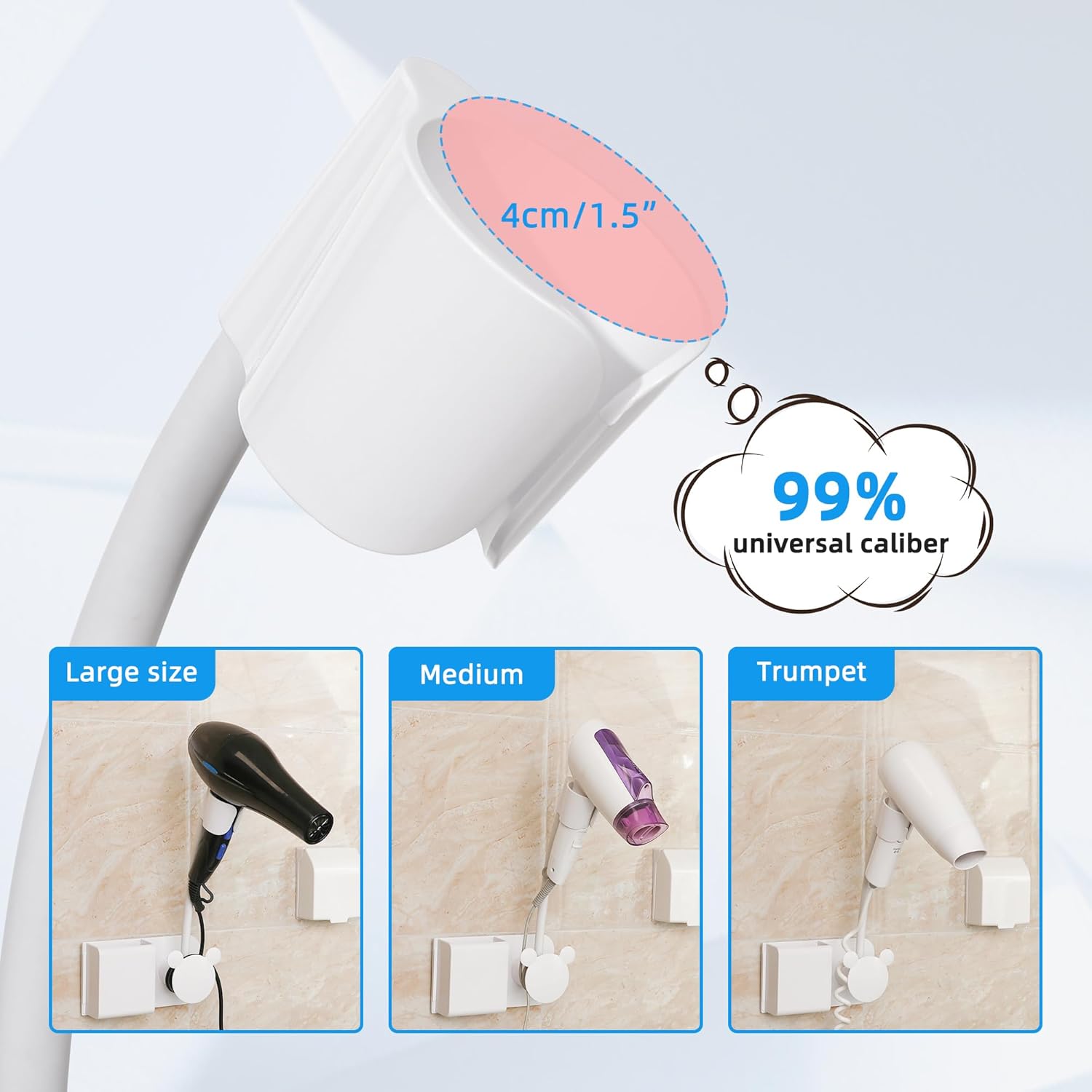 Soporte para secador de pelo manos libres con cualquier ángulo giratorio brazo totalmente posicionable. Soporte de pared para secador de pelo,