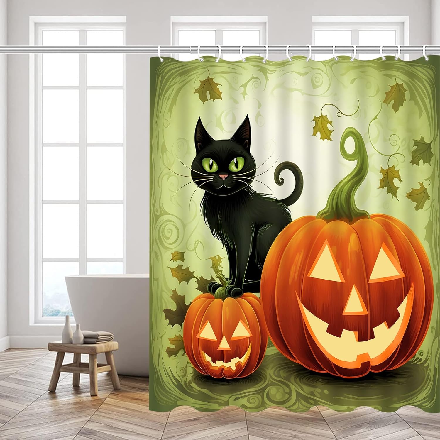 Cortinas de ducha de Halloween, diseño divertido de calabaza de dibujos animados naranja y gato negro, decoración de baño para niños, juego de