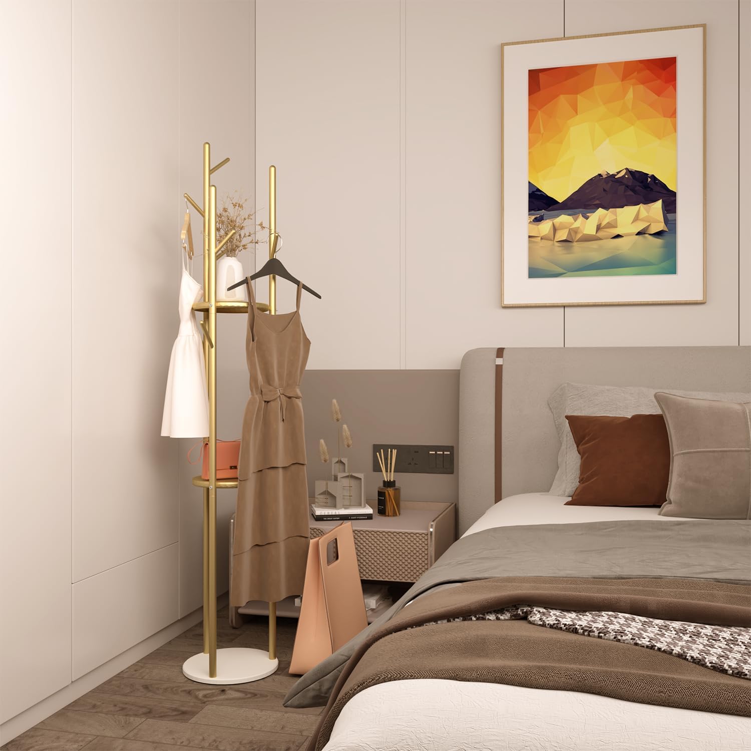 Moderno perchero y ropa  9 ganchos y 3 estantes  resistente y elegante, soporta hasta 220 libras, ahorra espacio y es duradero con diseño elegante