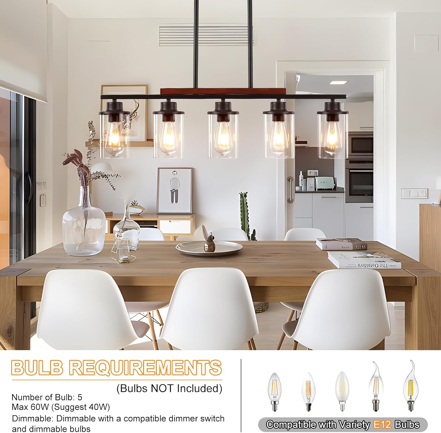 Kitchen Island Lighting – Lámparas de comedor de 5 luces sobre mesa, candelabros negros de granja para comedor con pantalla de vidrio transparente y
