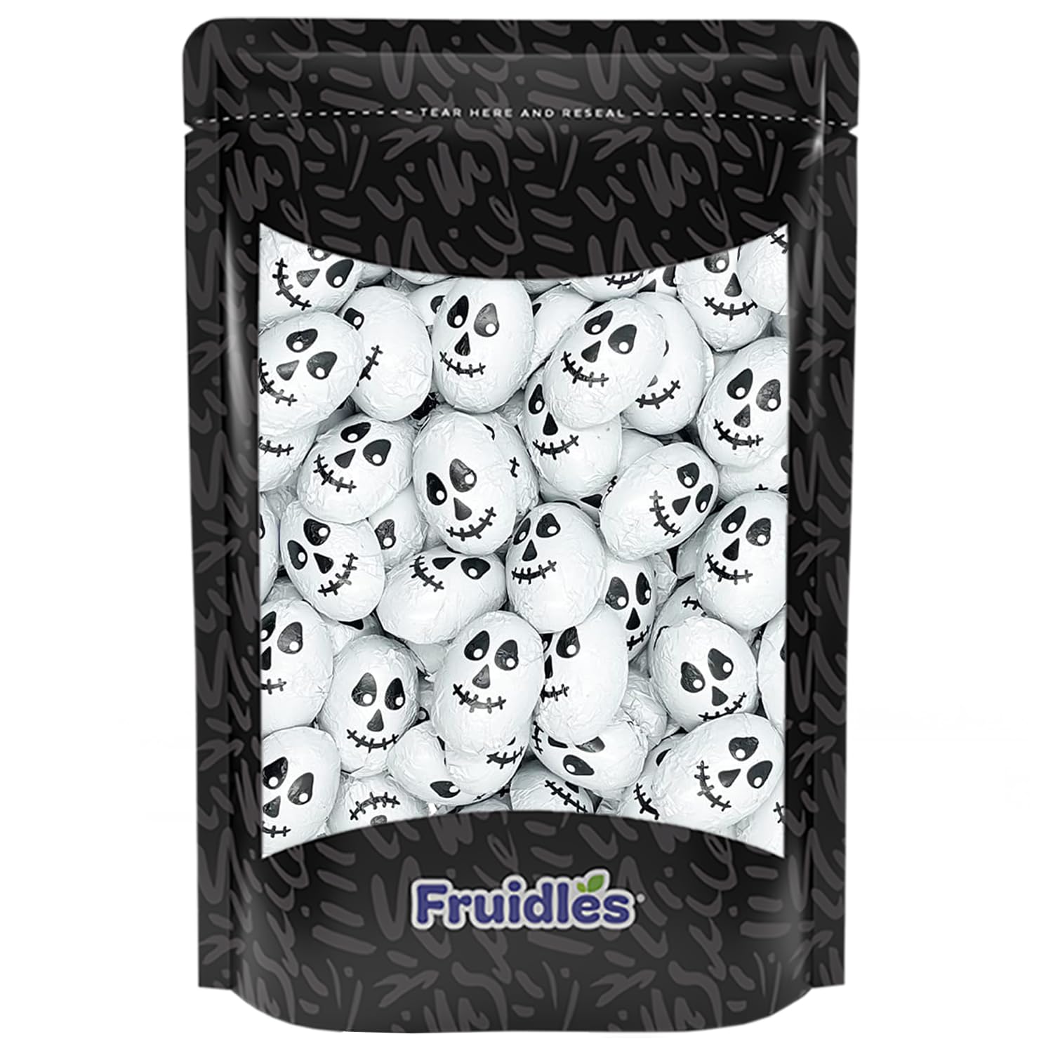 Calaveras de Halloween, doble crujiente, rellenos de bolsas de fiesta de truco o trato, envueltos individualmente en láminas de diseño de calavera