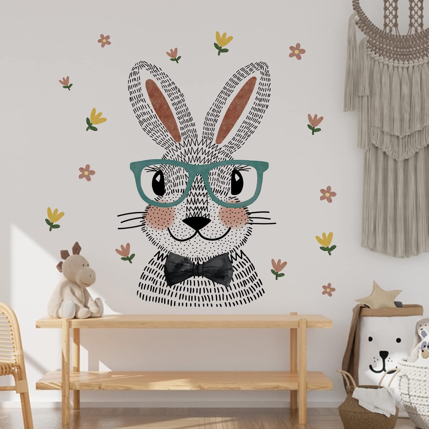 Yovkky Calcomanías de pared de conejo de dibujos animados, lindo conejito con anteojos, flores, guardería, habitación de niños, decoración
