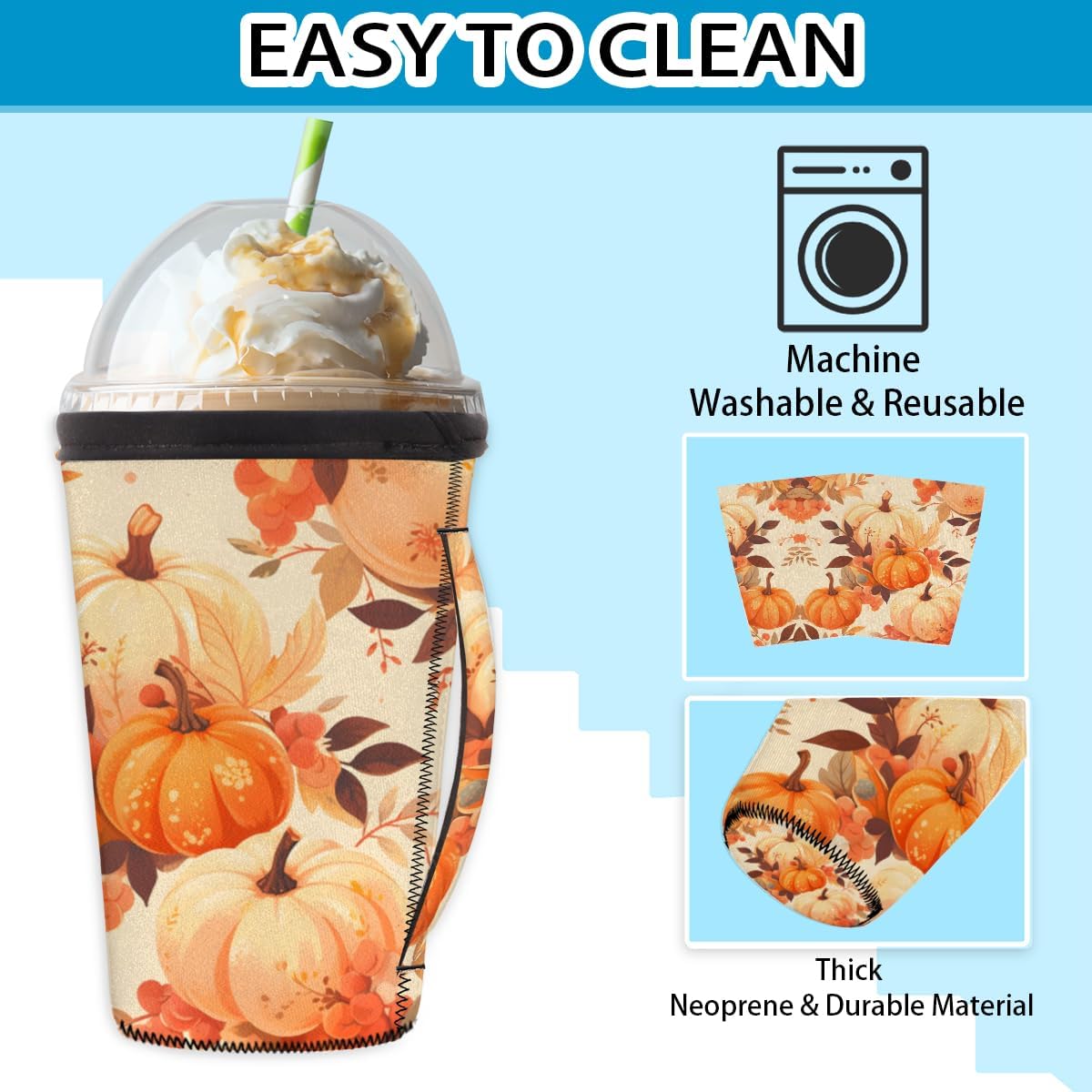 Funda de neopreno reutilizable con asa para café helado de calabaza de Acción de Gracias, para otoño y otoño, para bebidas calientes y frías, 18