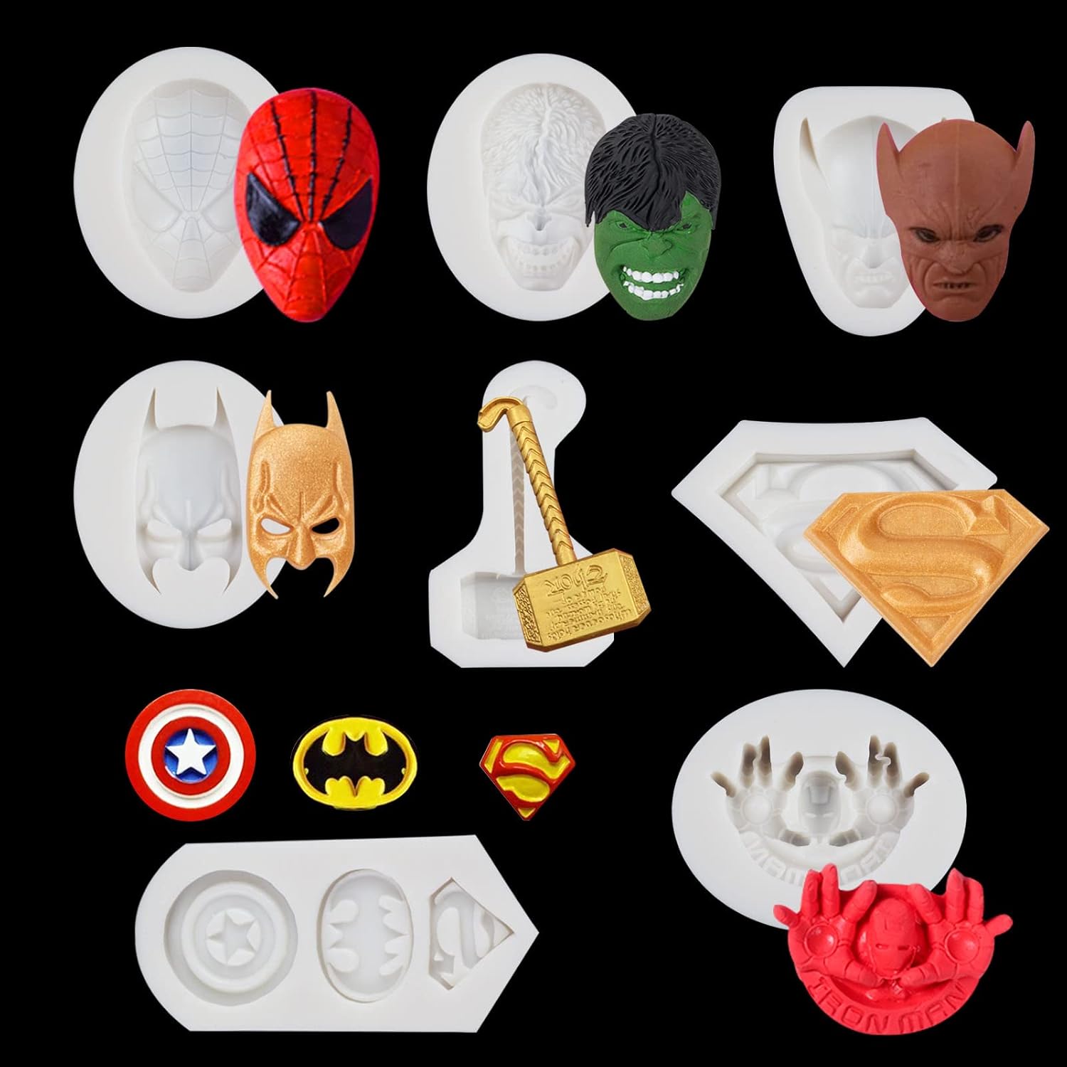 8 moldes de silicona para fondant de superhéroes, película de dibujos animados, molde de silicona para fondant, molde de caramelo de chocolate para