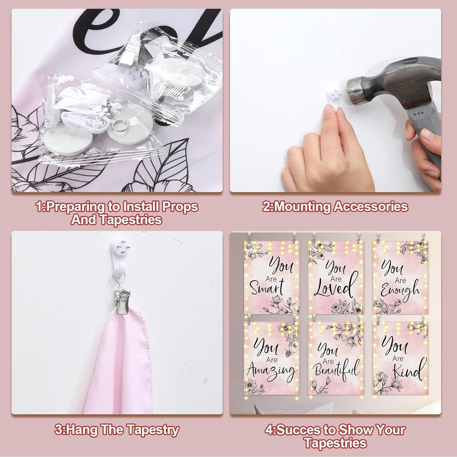 Rtteri Tapiz floral rosa de 12 x 16 pulgadas, 6 piezas con citas inspiradoras LED de luz, decoración de pared, tapiz cristiano gris y rosa,