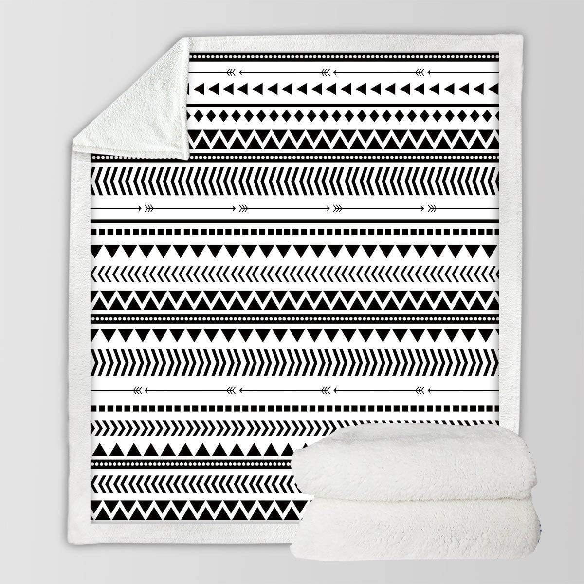 Sleepwish Manta tribal de vellón azteca, manta triangular de felpa en blanco y negro, manta geométrica de sherpa para sofá, cama (50 x 60 pulgadas)