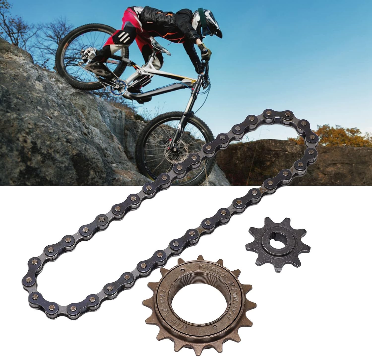 VBESTLIFE Kit de cadena de rueda libre para bicicleta, rueda libre de 16 dientes, 9 dientes dentados de 38 secciones para bicicleta de montaña, kit