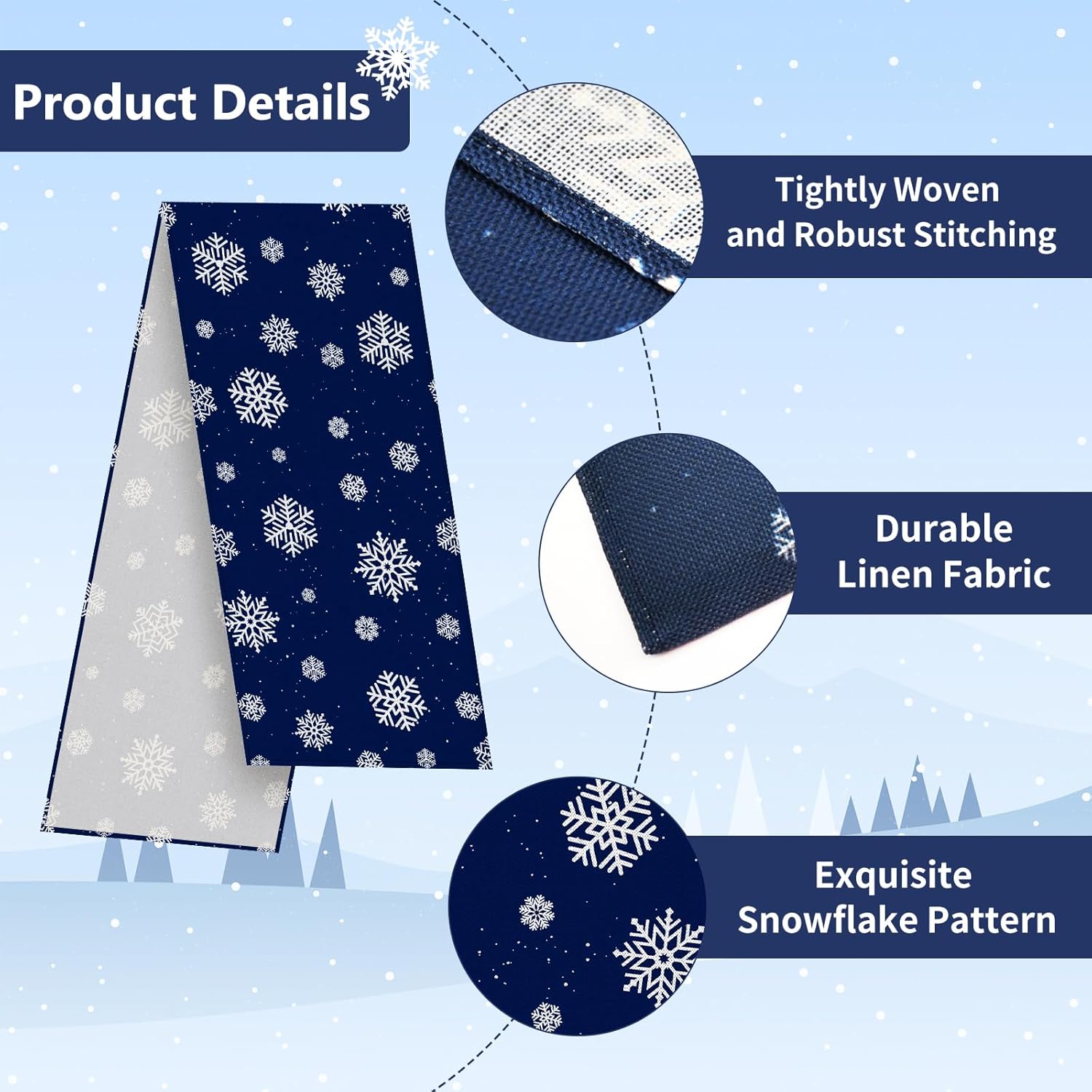 Camino de mesa navideño de copo de nieve de 72 x 13 pulgadas, decoración de mesa de arpillera de lino azul con patrón de nevadas blancas, decoración