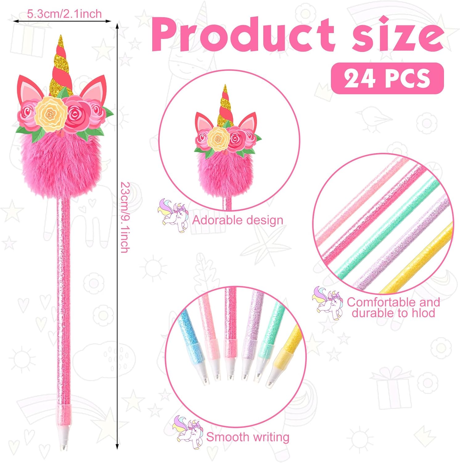 Cholemy 24 bolígrafos de unicornio para recuerdos de fiesta, bolígrafos esponjosos de unicornio a granel, arcoíris, unicornio, pompones, bolígrafos