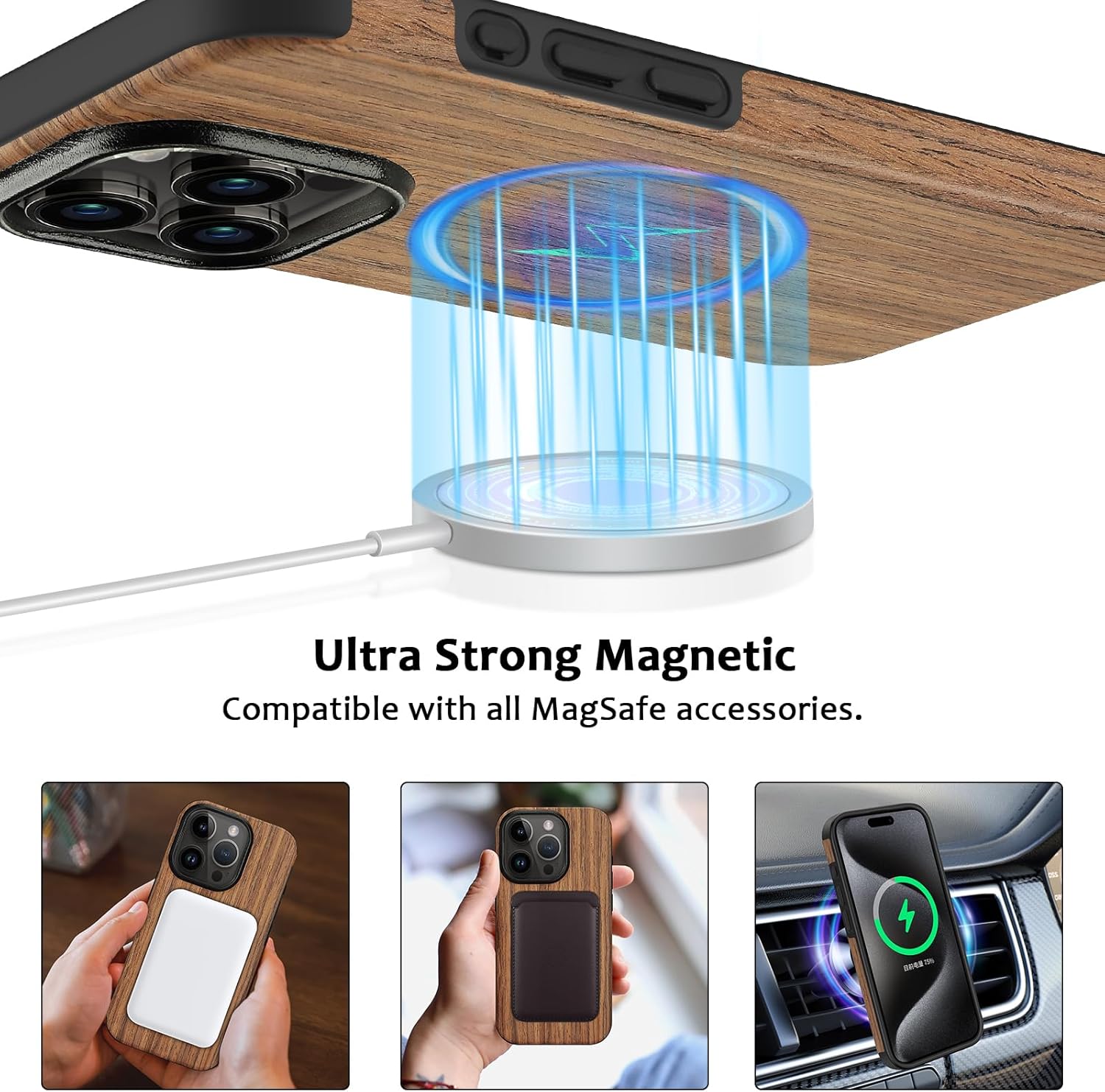ZZDZZ Funda magnética compatible con iPhone 15 Pro Max compatible con Magsafe diseño de grano de madera TPU híbrida a prueba de golpes (sándalo rojo)