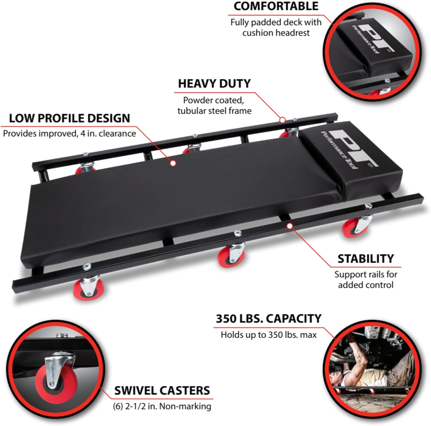 Performance Tool W85015 – Enredadera automotriz de perfil bajo con 6 ruedas giratorias de 36 x 17 pulgadas con reposacabezas acolchado, color negro
