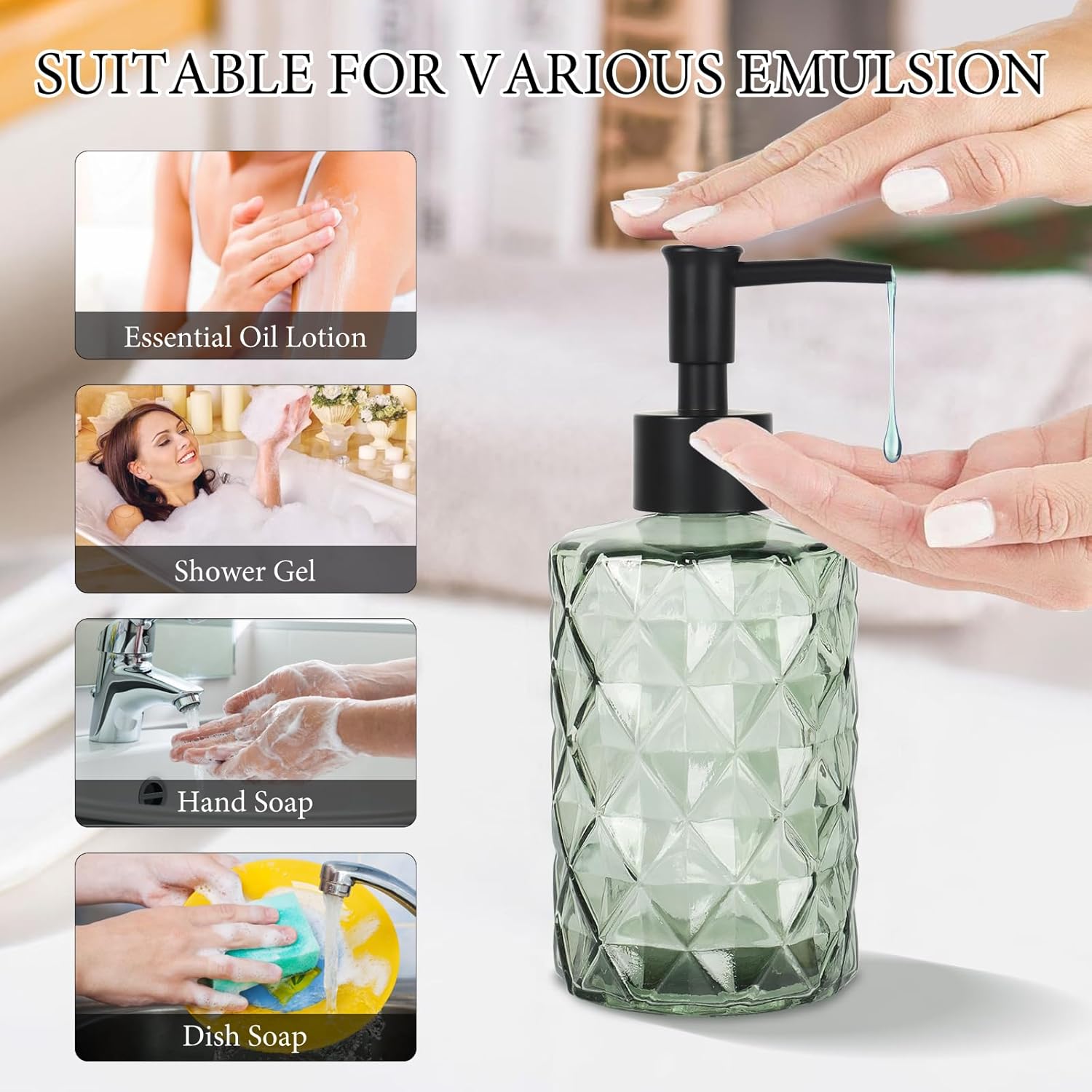 Dispensador de jabón de vidrio transparente, dispensador de jabón líquido de manos de 11 onzas11.2 fl oz para fregadero de cocina y baño, juego de
