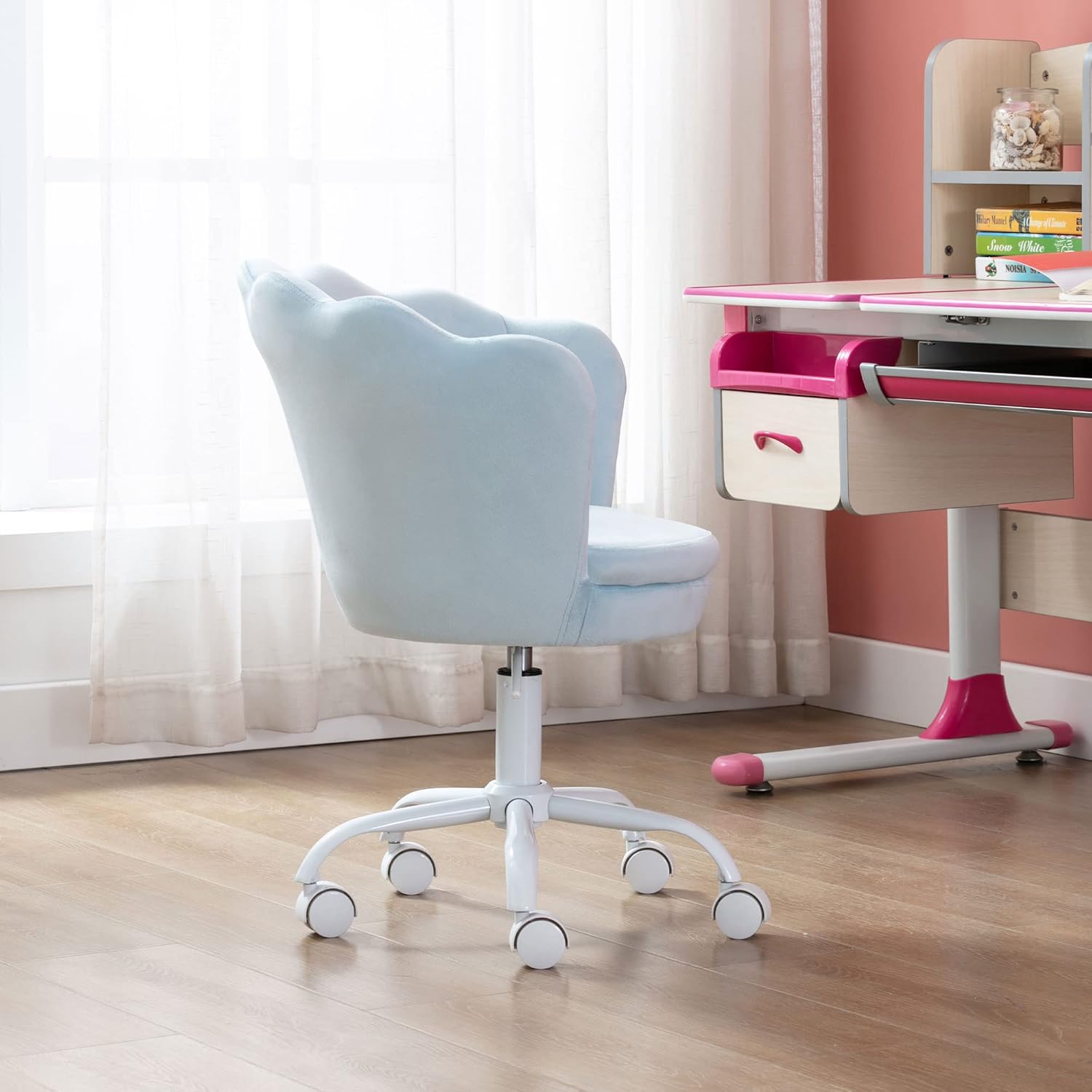Silla de escritorio de terciopelo para niños, bonita silla de computadora moderna tapizada, con brazo giratorio, silla de tocador ajustable para