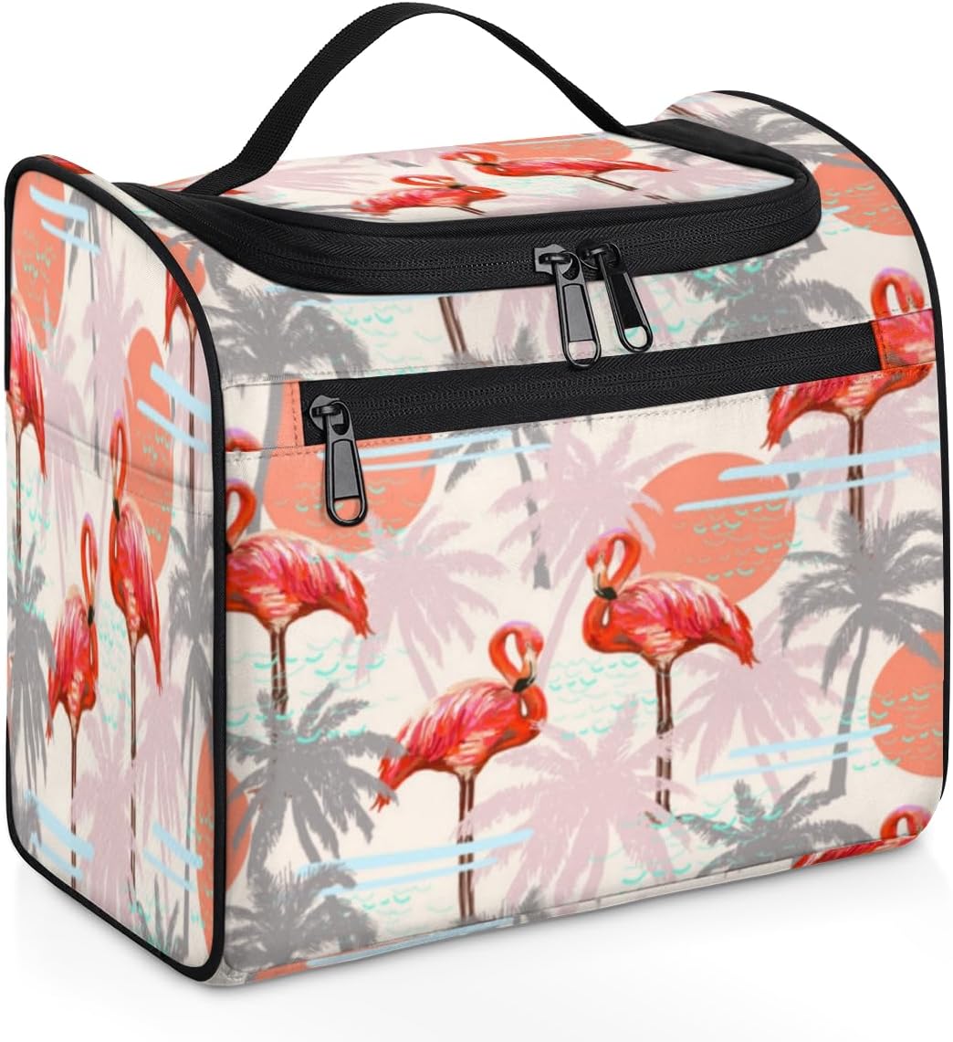 QsirBC Bolsa de aseo de flamencos de hoja de palma para mujer, organizador de maquillaje de viaje con gancho para colgar, bolsas de cosméticos de