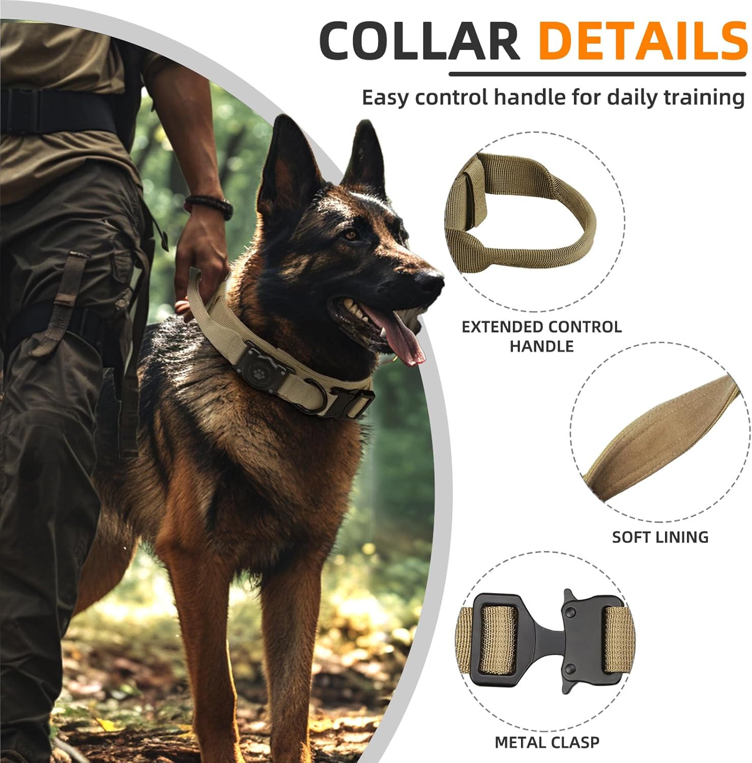Juego de correa táctica AirTag para perro 100 % impermeable, integrado Apple Air Tag con soporte para AirTag, collar militar ajustable con asa,